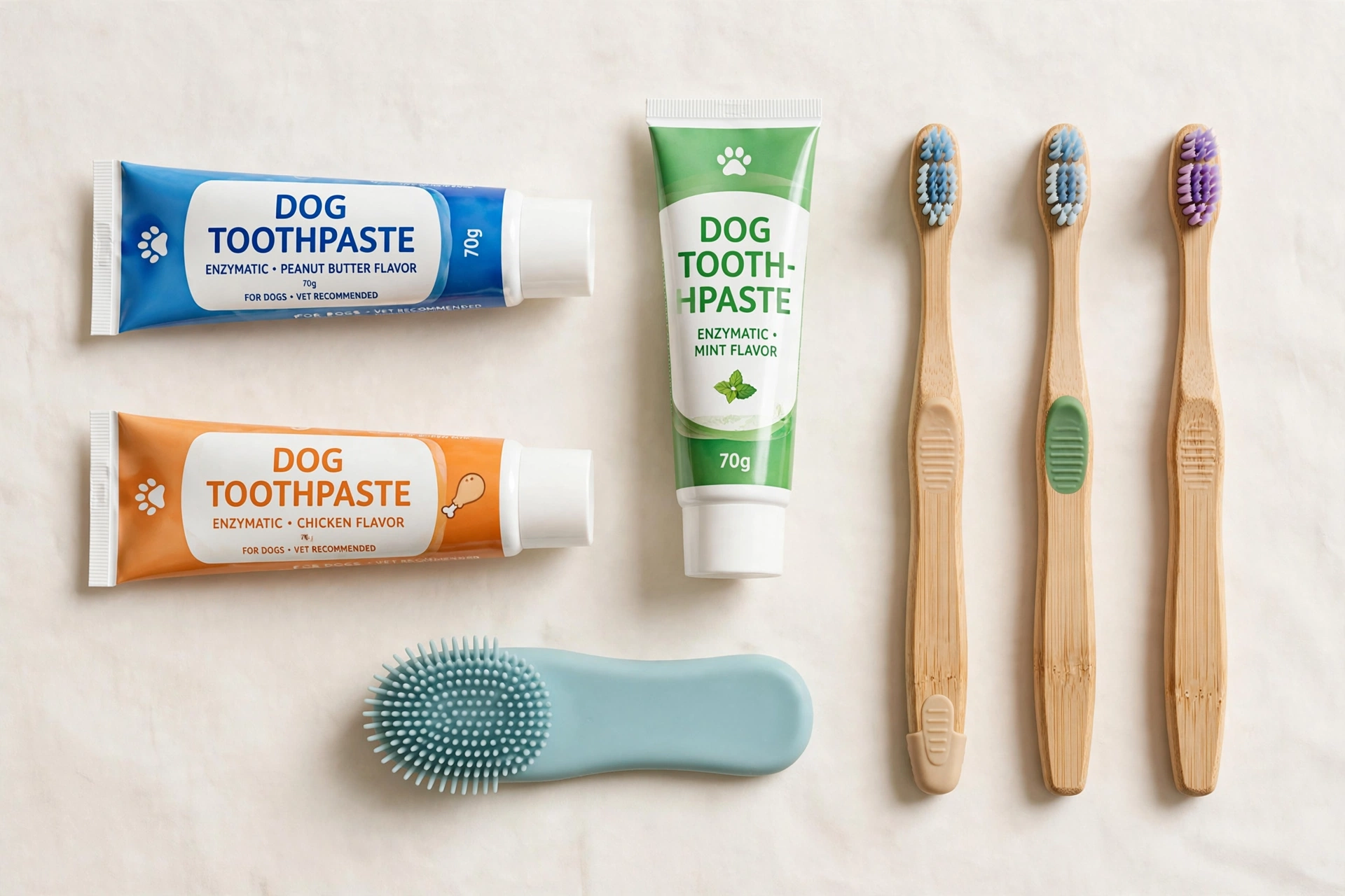 Dog dental kit products arranged flat lay with toothpaste and brushes