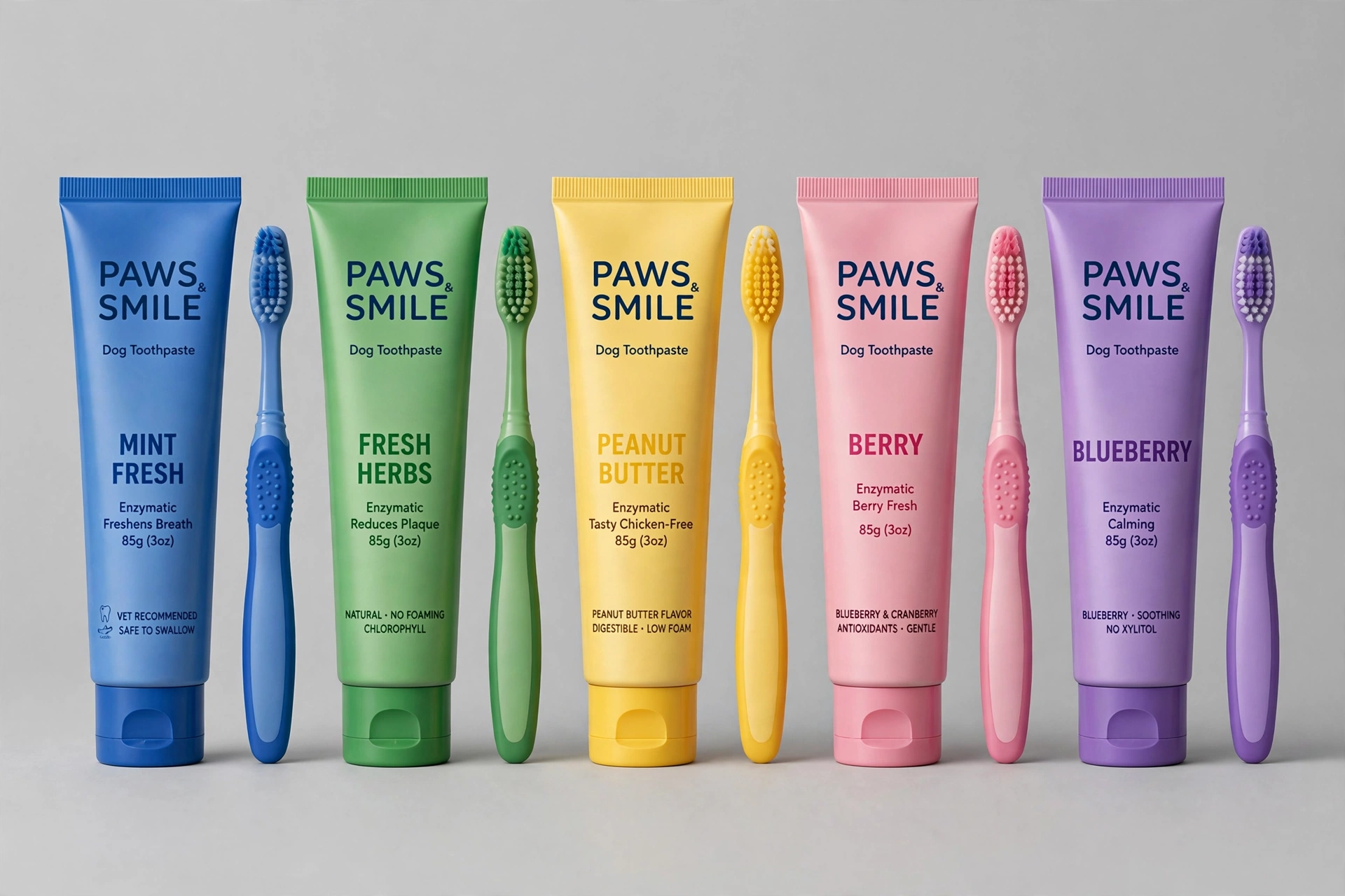 Comparison lineup of dog toothpaste tubes and toothbrushes side by side