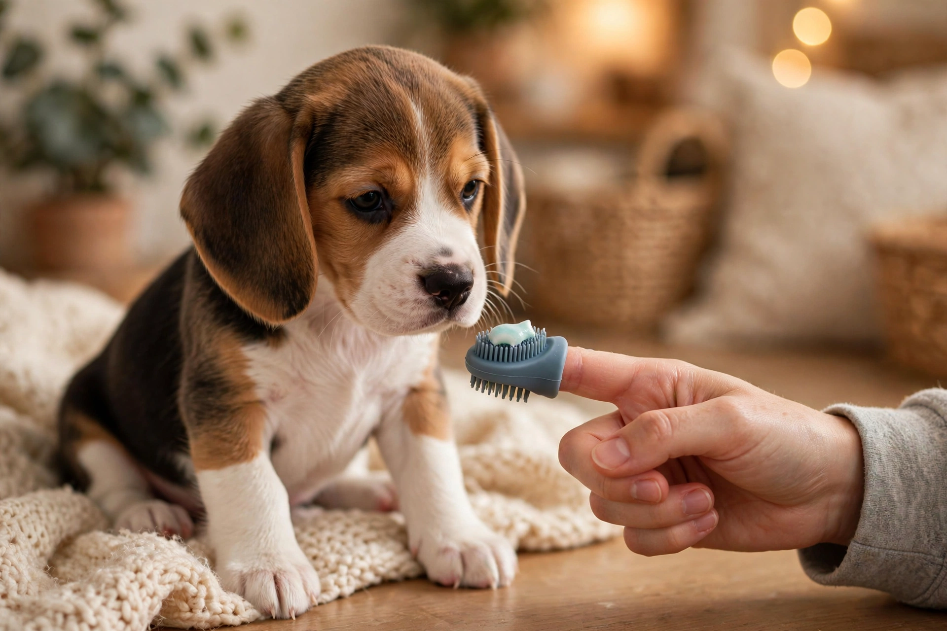 Puppy getting used to toothbrush with enzymatic toothpaste, training moment
