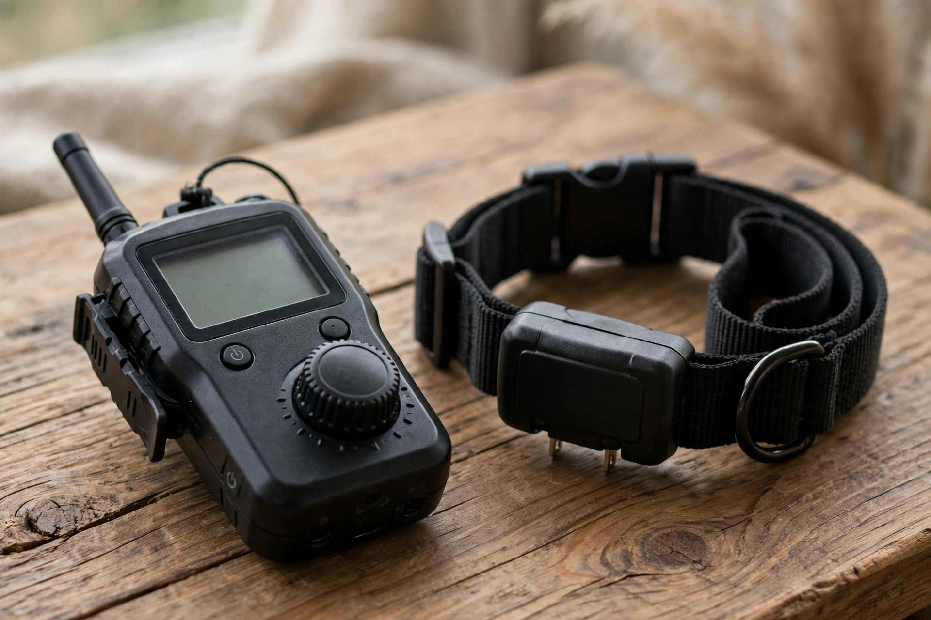Close-up of an e-collar remote transmitter with stimulation dial