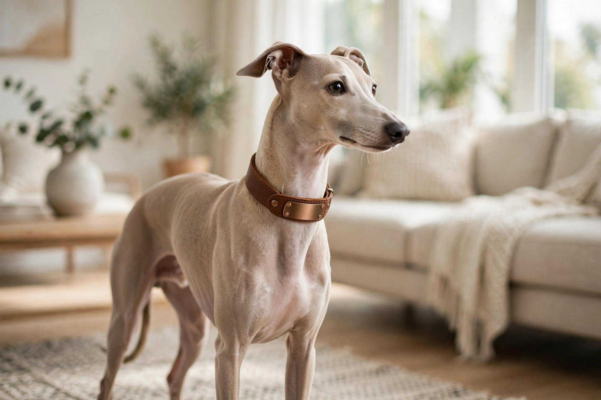 Elegant dog wearing a brown faux leather collar with nameplate