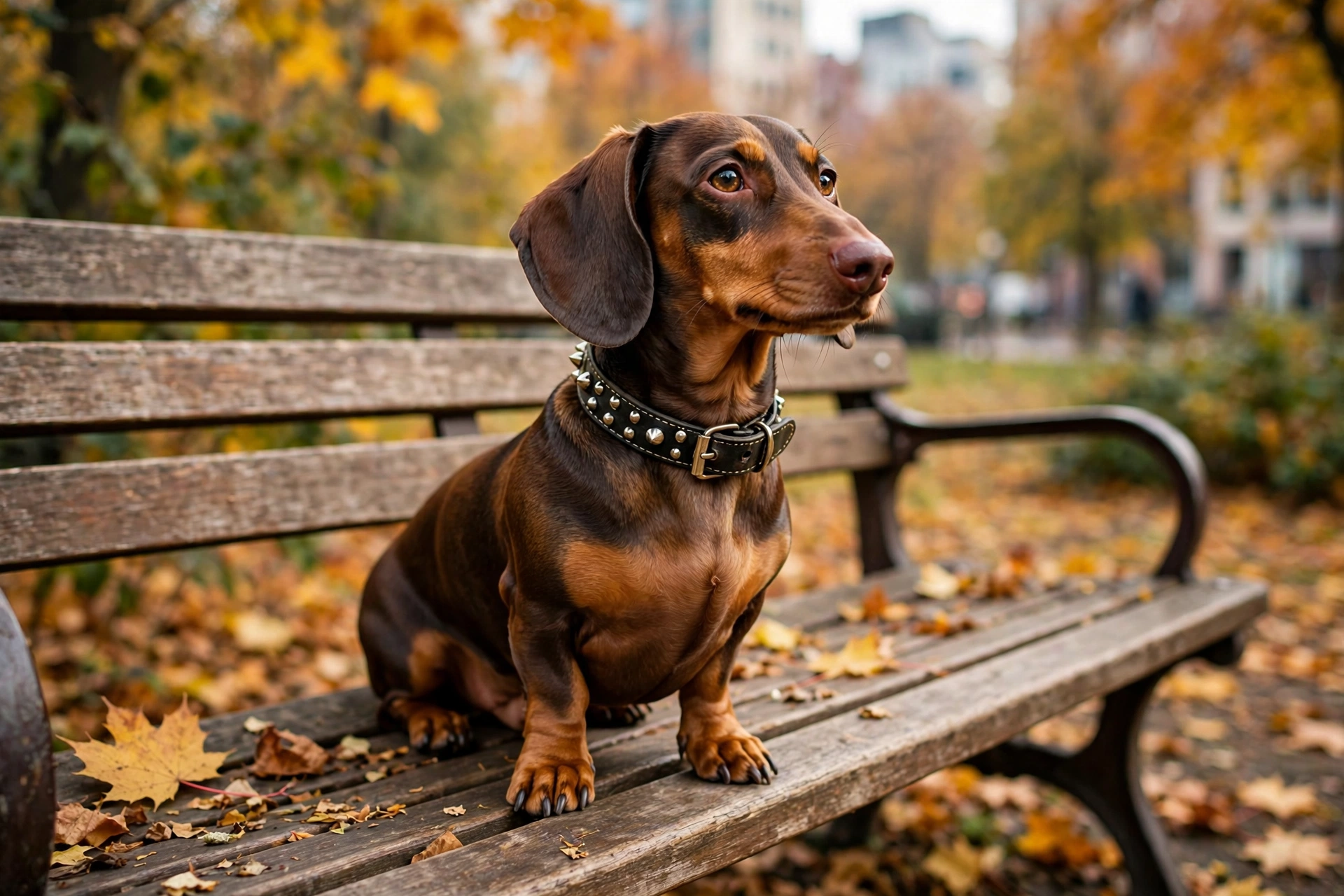 Two dogs wearing stylish faux leather collars at an outdoor event