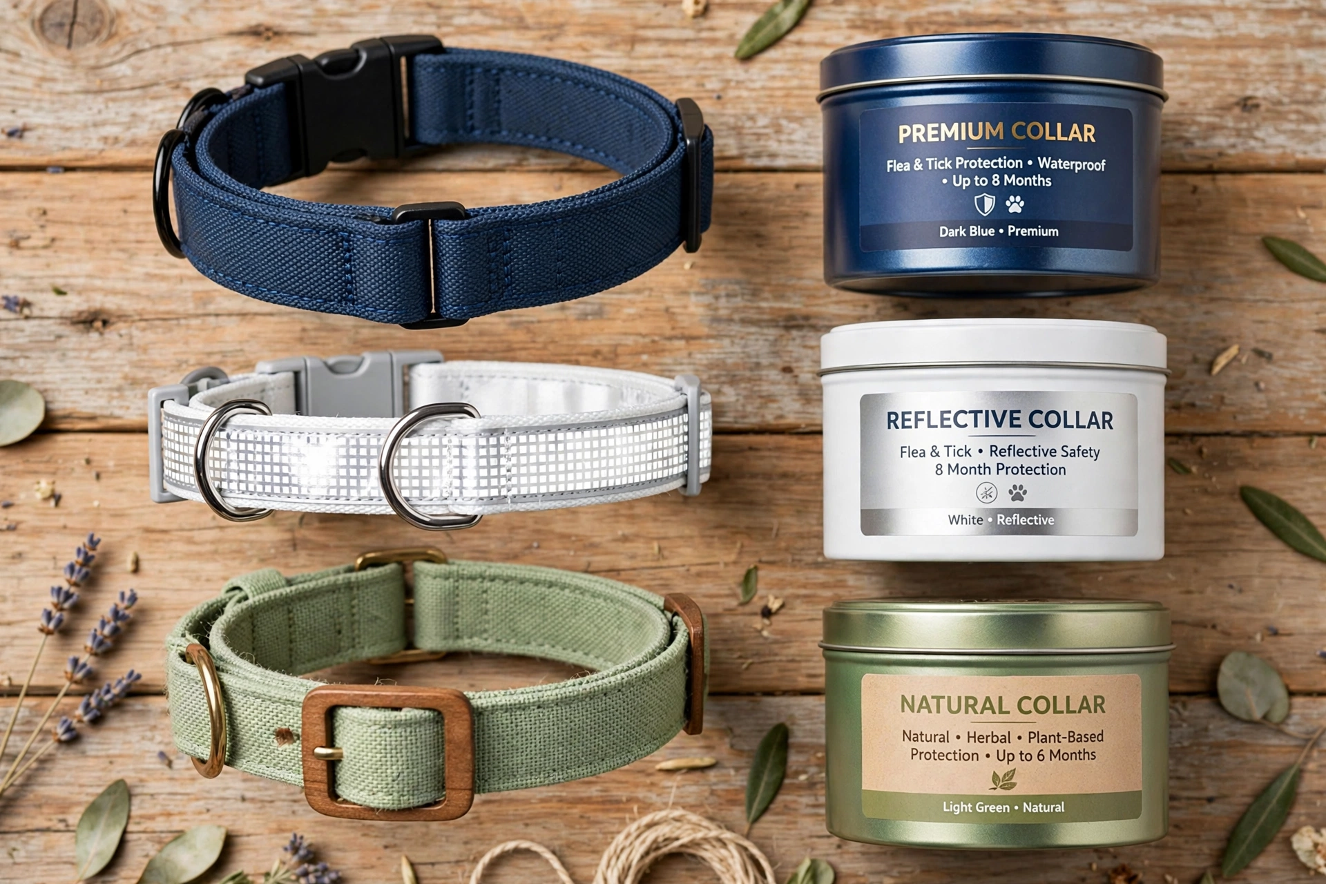 Flat lay of three flea collars (premium, reflective budget, natural green) on wooden table