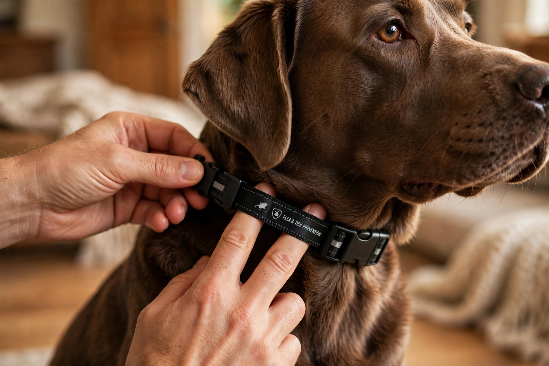 Owner's hands fitting a flea collar on a Labrador, showing two-finger fit