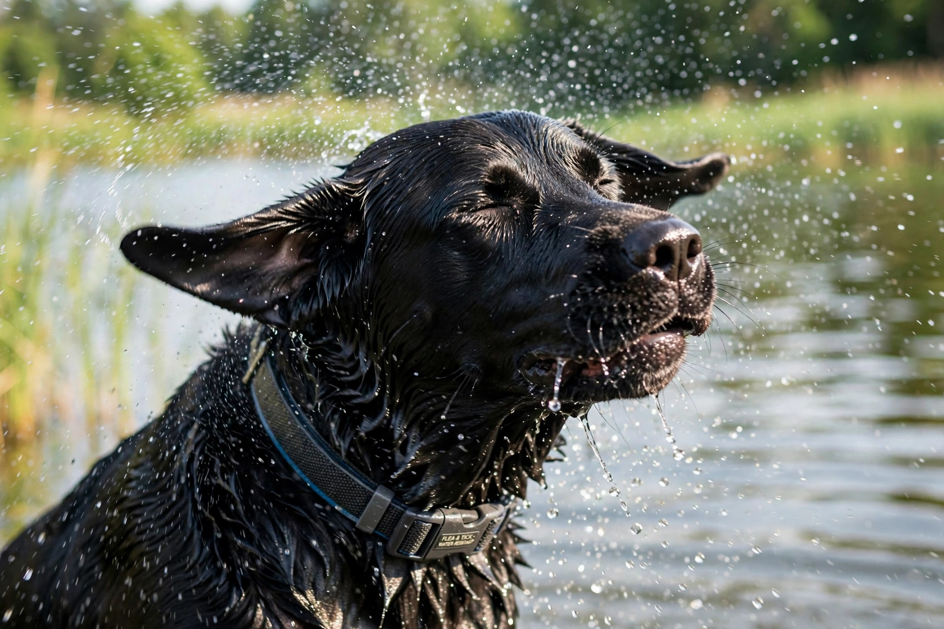Wet black Labrador shaking off water in a lake, wearing a water-resistant collar
