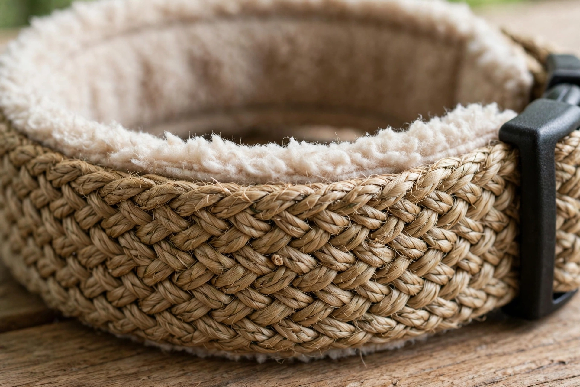Close-up of woven hemp collar with fleece lining