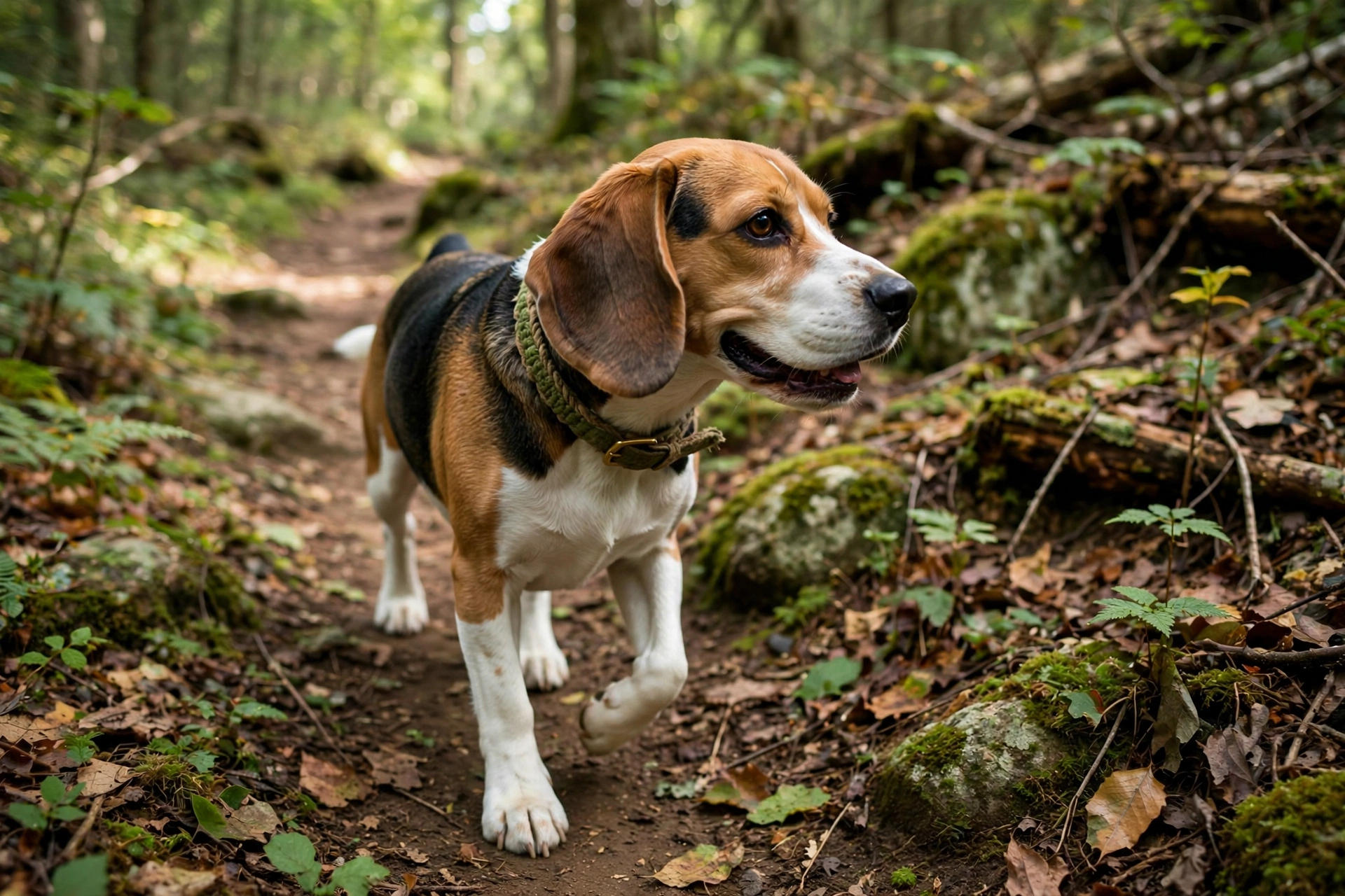 Beagle wearing a green hemp collar hiking on a forest trail