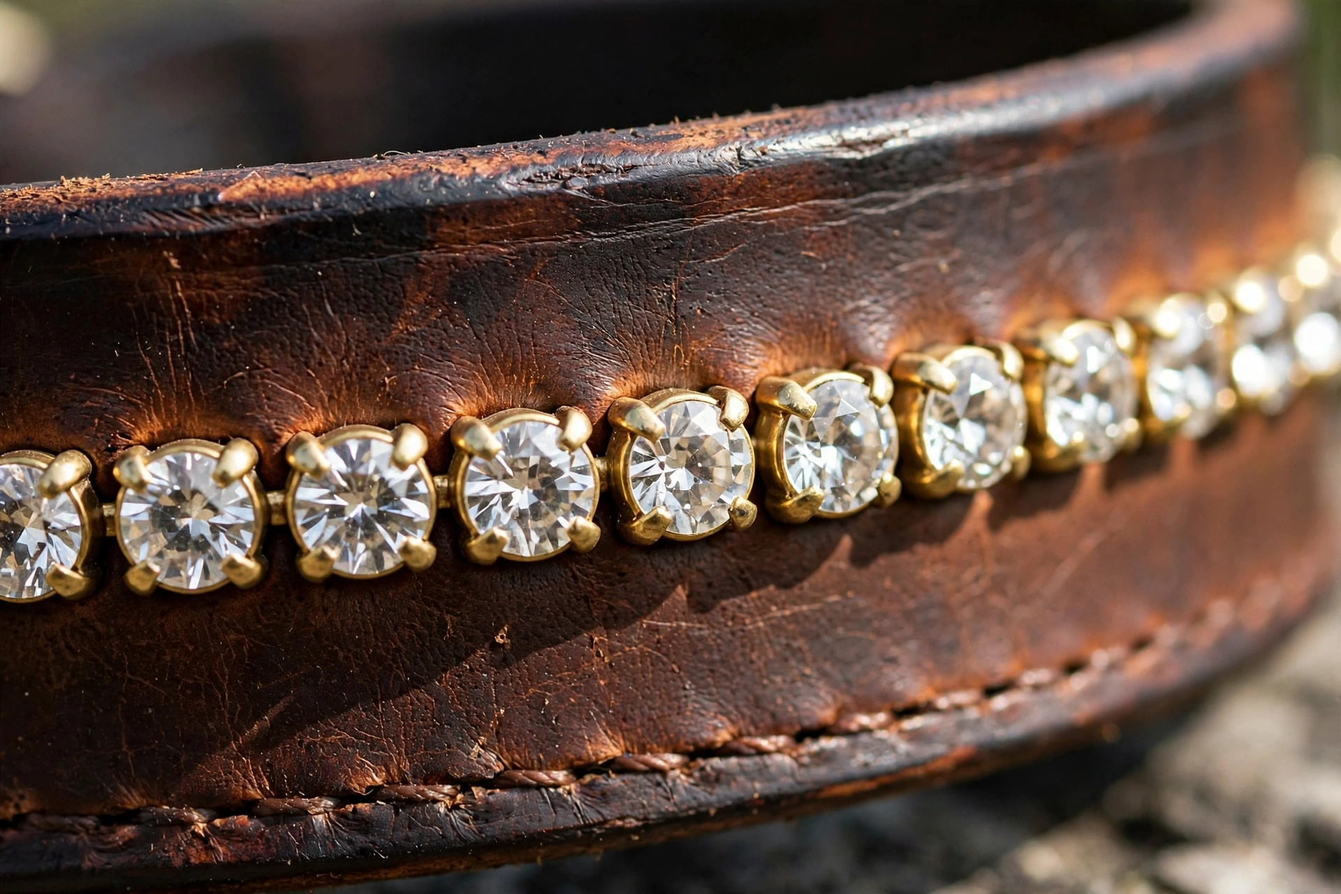 Close-up of hand-set crystals and burnished leather edges on a luxury dog collar
