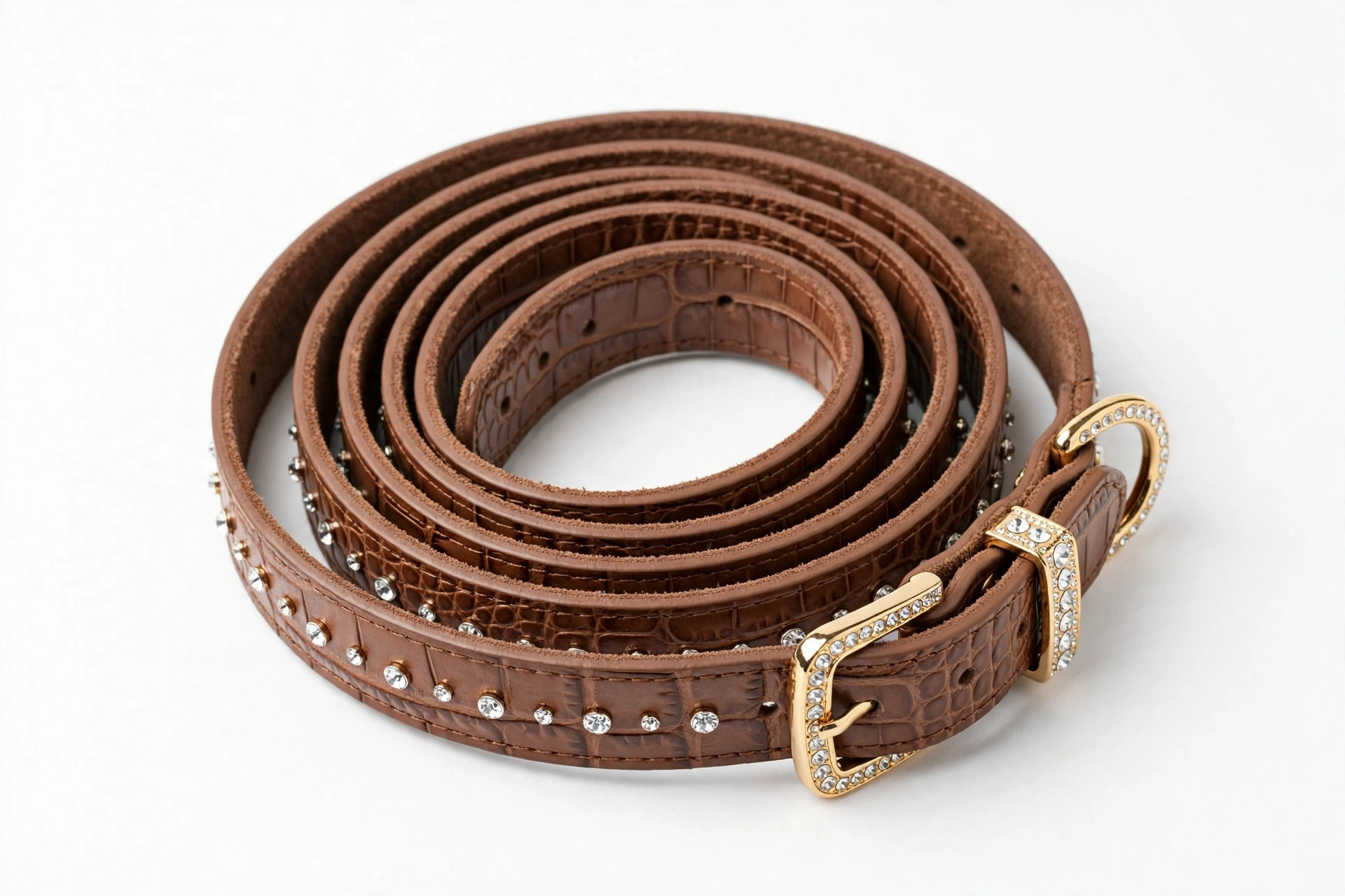 OmniPet Signature mocha crocodile grain leather crystal dog collar, editorial product photo