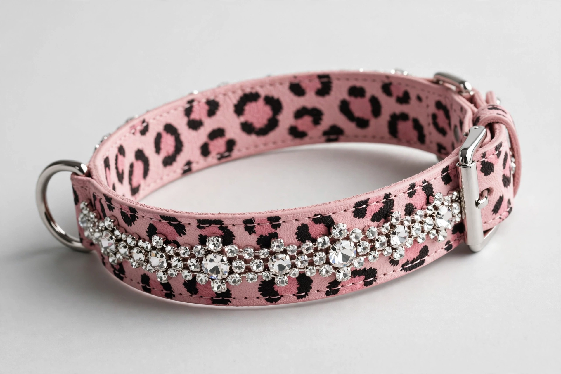 Luxury K9 pink leopard crystal dog collar in microfiber leather, editorial product photo