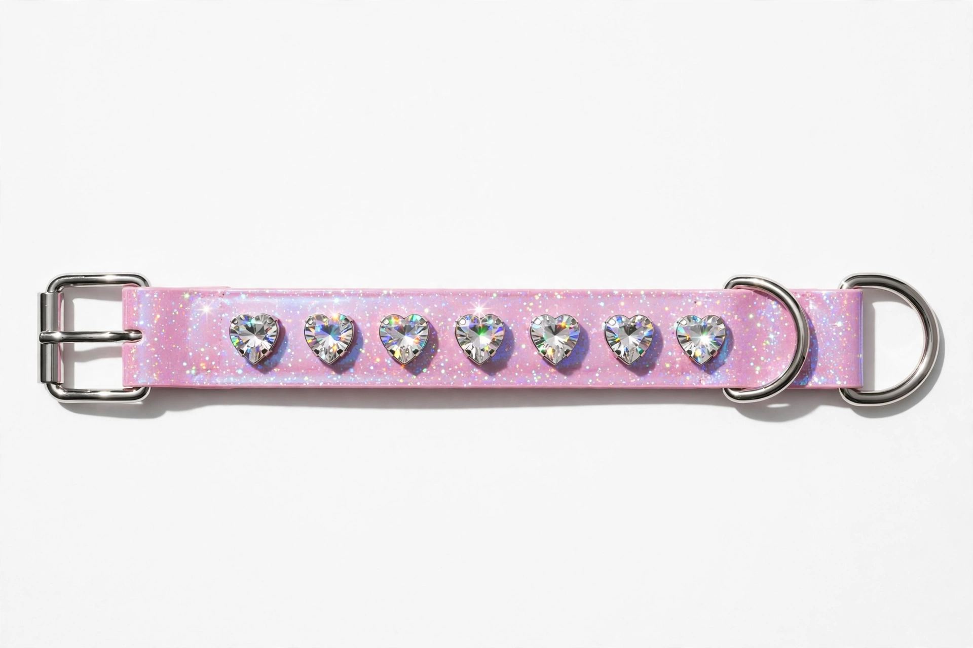LOVPE pink iridescent sparkly dog collar with heart rhinestones, editorial product photo