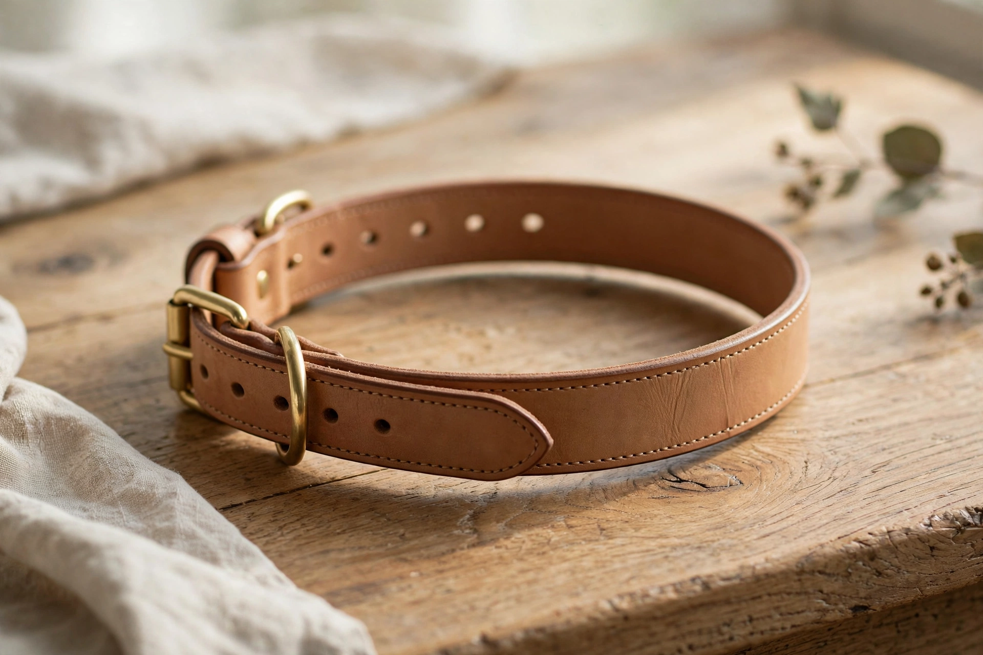 Auburn Leathercrafters rolled leather martingale dog collar in tan, editorial product photo