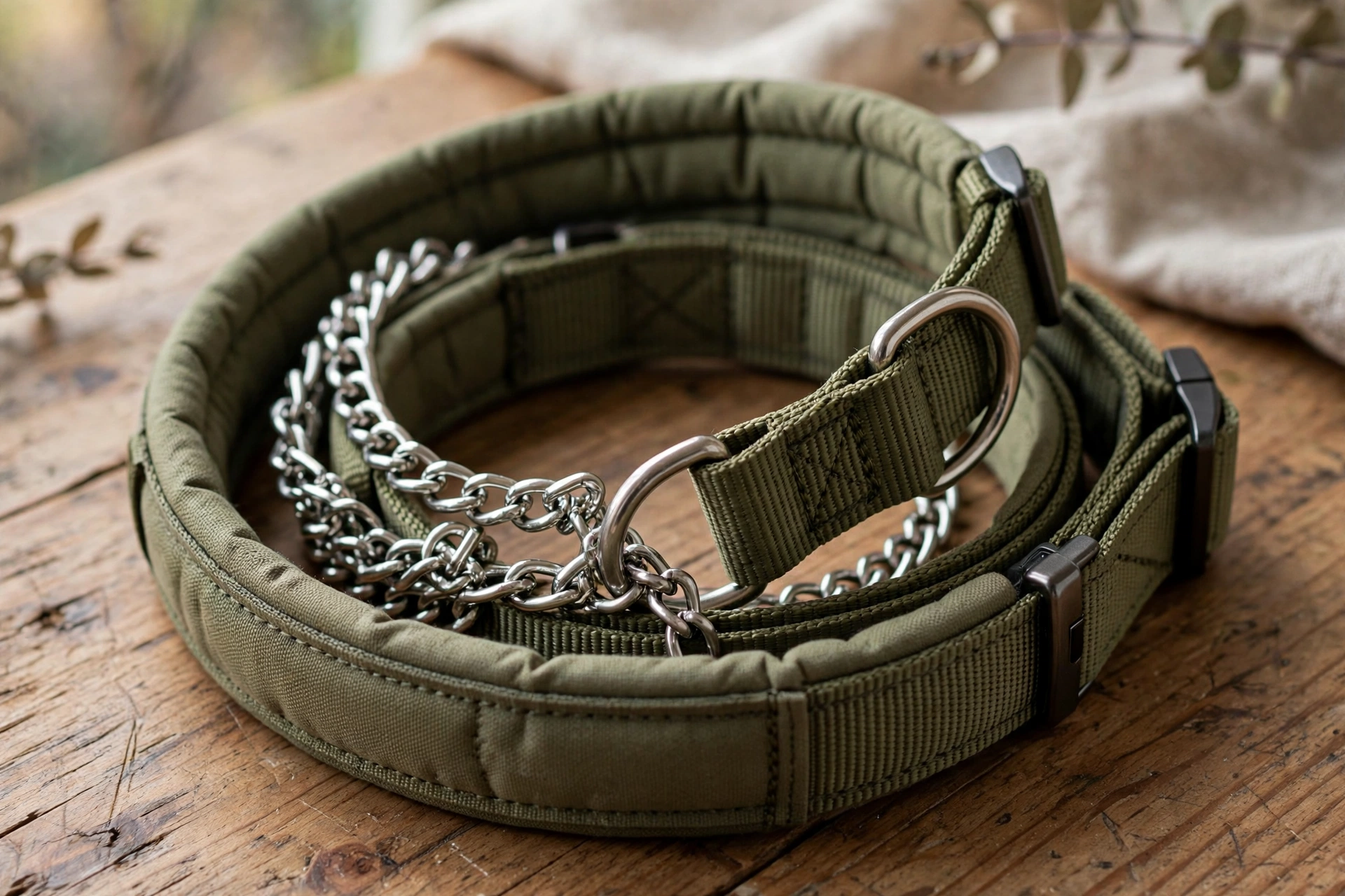 Close-up of a martingale collar's limited-slip chain loop