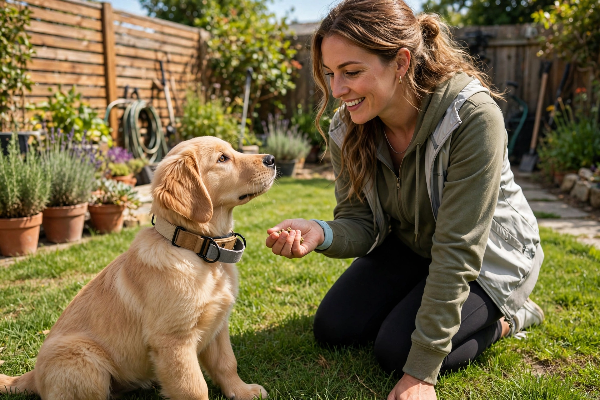 Owner training a pulling dog with treats on a neighborhood walk