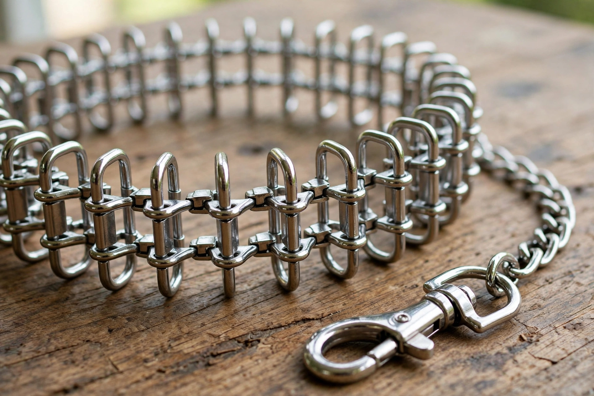 Close-up of prong collar links showing rounded prong tips