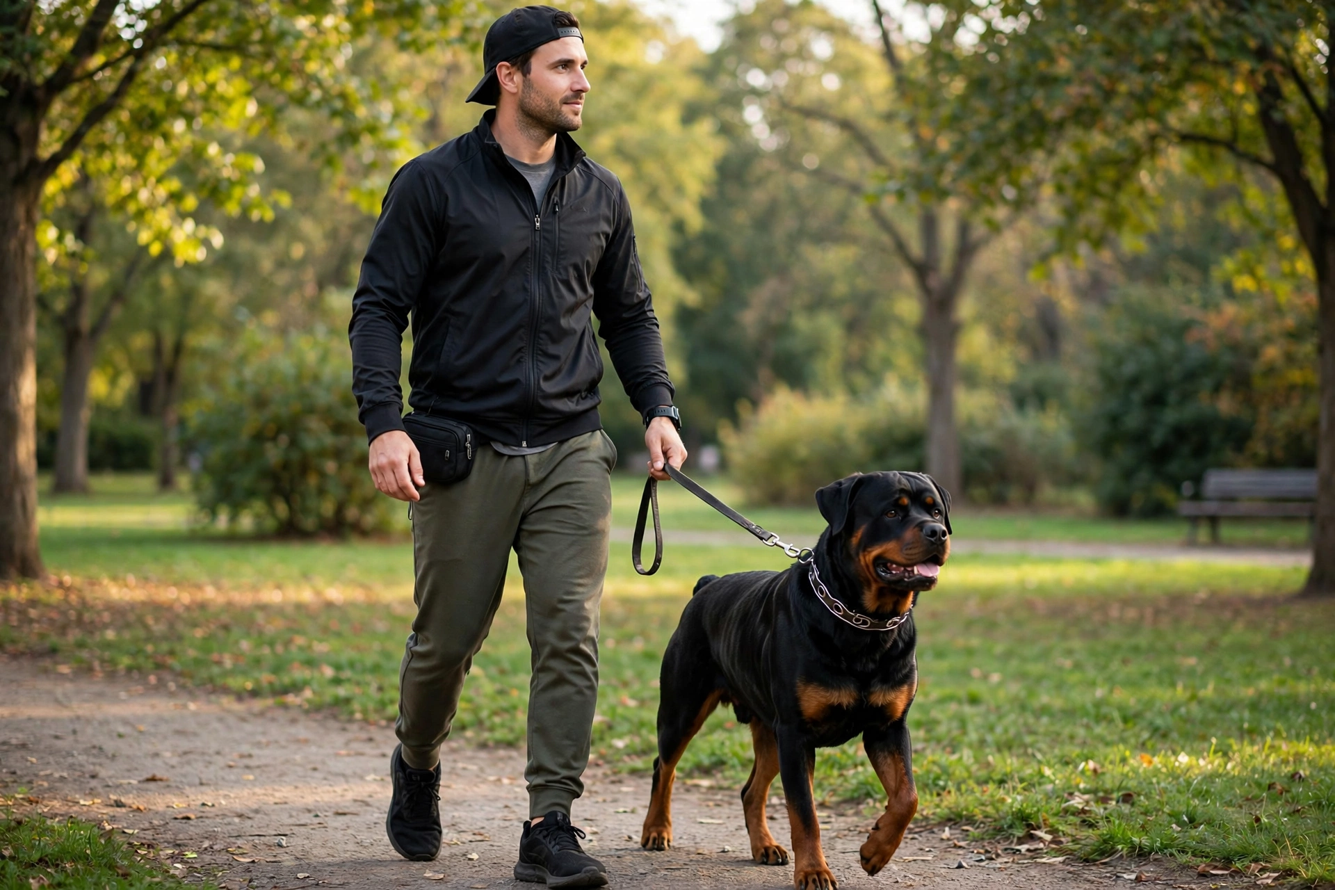 Trainer walking a Rottweiler wearing a properly fitted prong collar