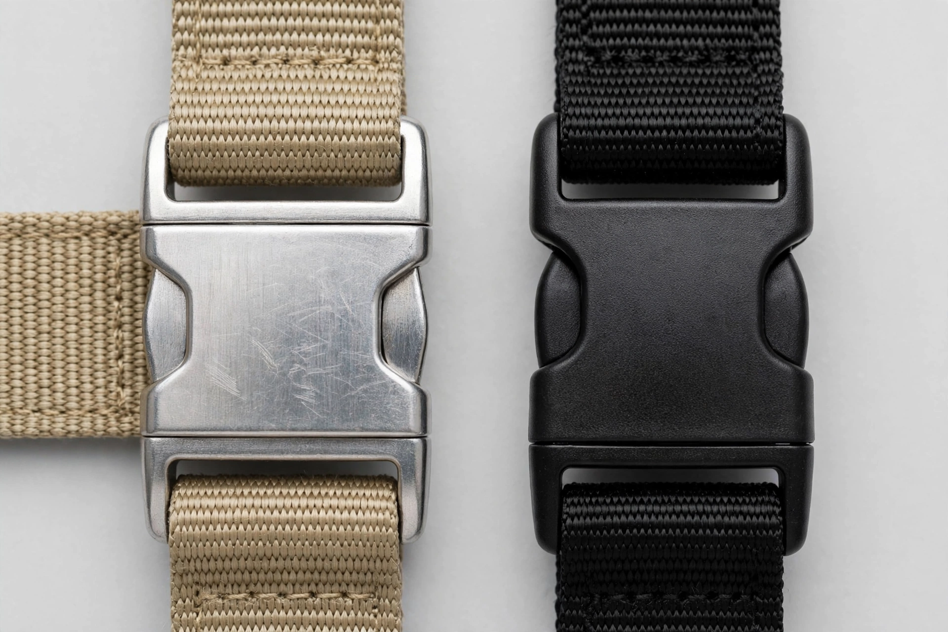 Close-up of an aluminum side-release buckle on a nylon dog collar next to a plastic buckle for comparison