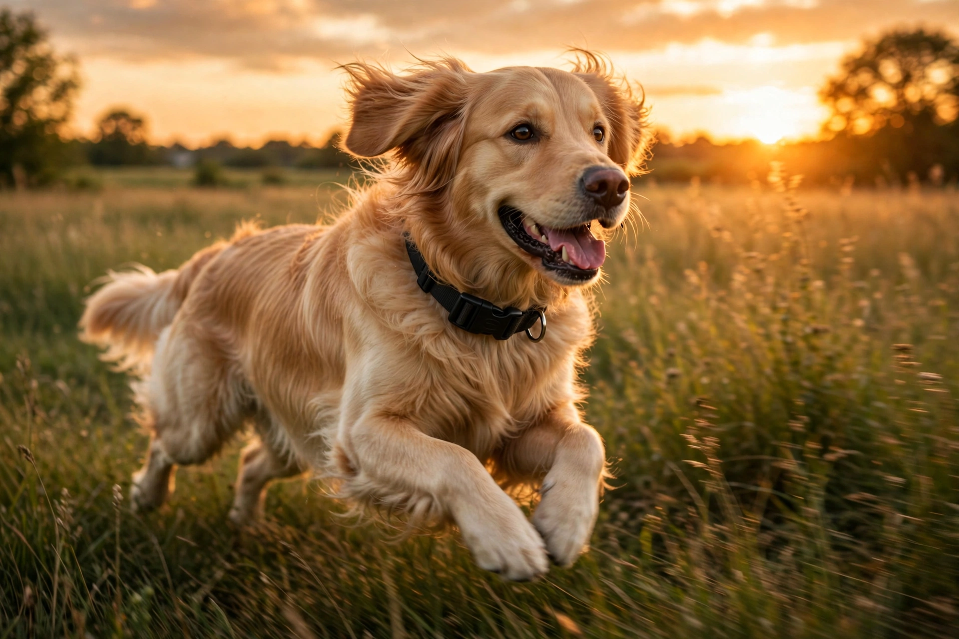 Golden retriever wearing a quick-release collar running through a field at sunset