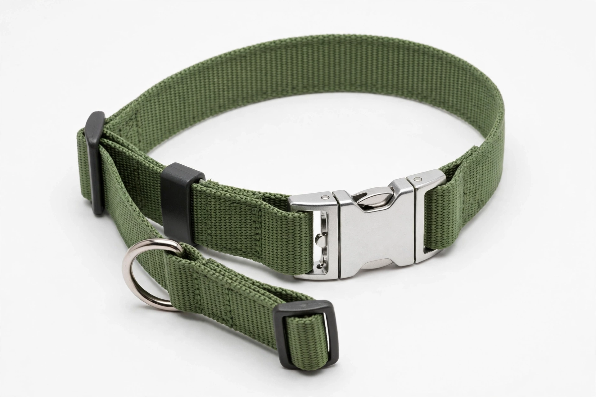 Country Brook Petz green nylon dog collar with aluminum quick-release buckle, editorial product photo