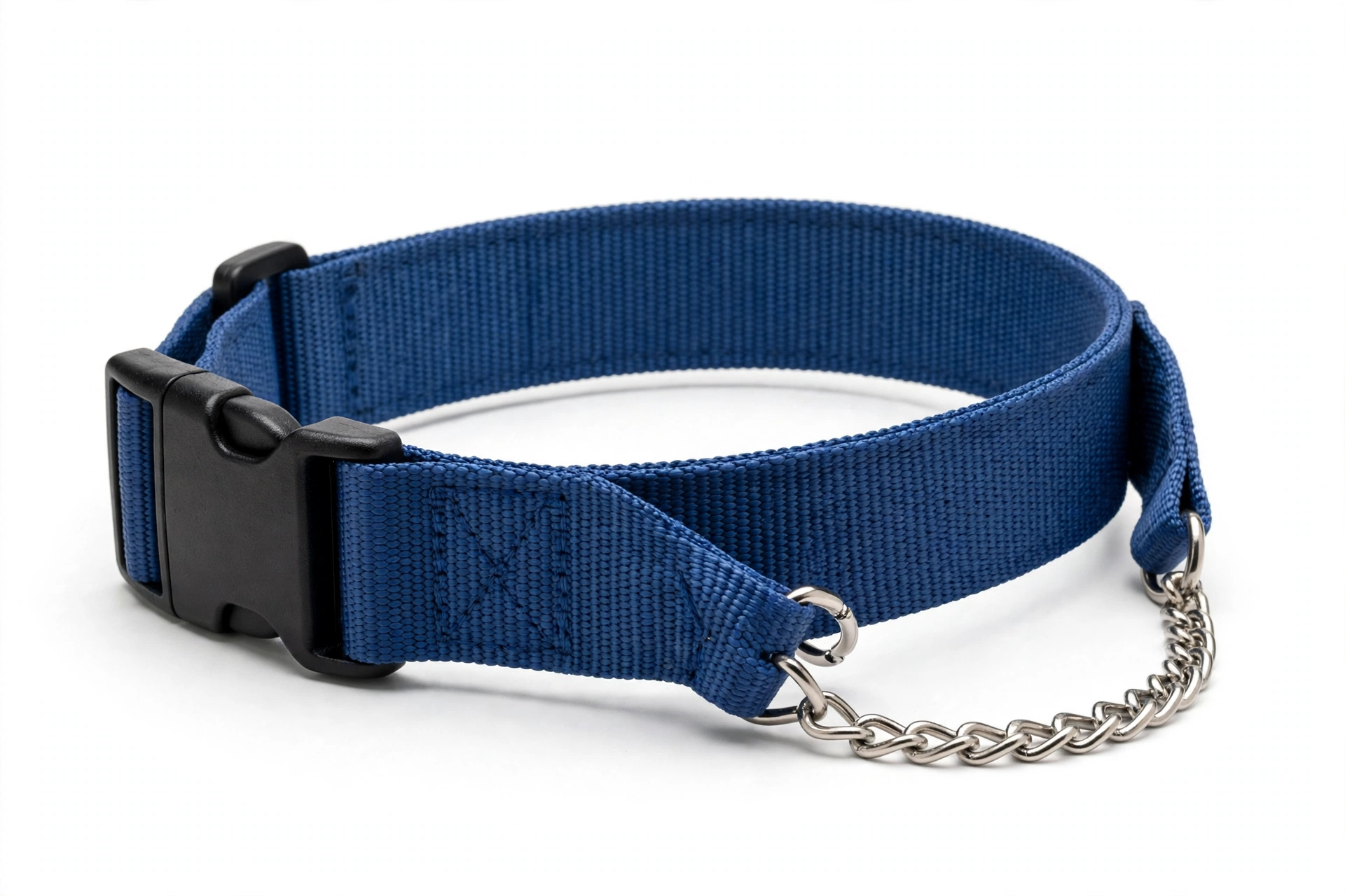 If It Barks wide blue martingale collar with quick snap release buckle, editorial product photo