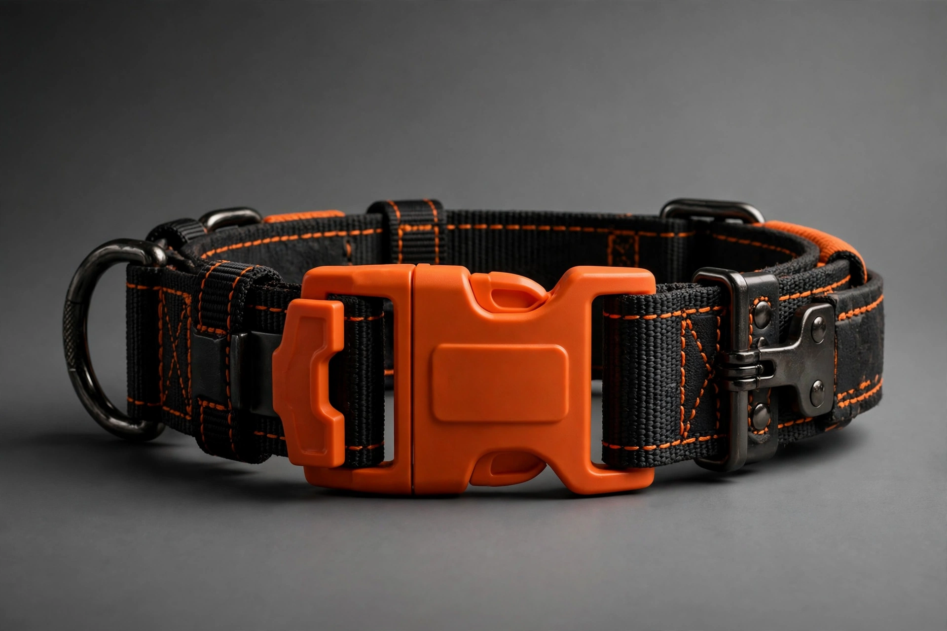 Tuff Pupper tactical dog collar in black with metal quick-release buckle and control handle, editorial product photo