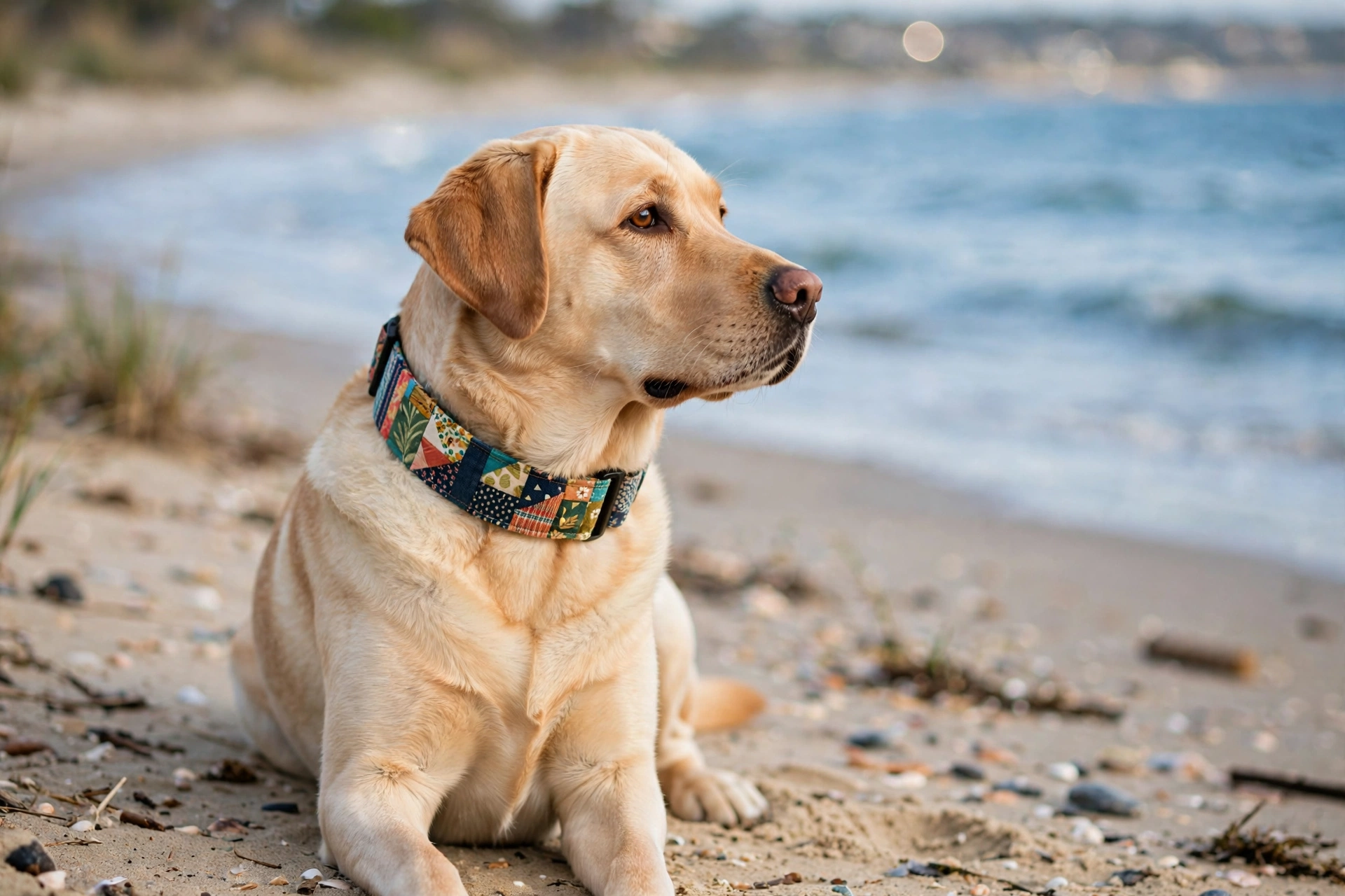 Labrador Retriever wearing a colorful recycled fabric collar on a beach