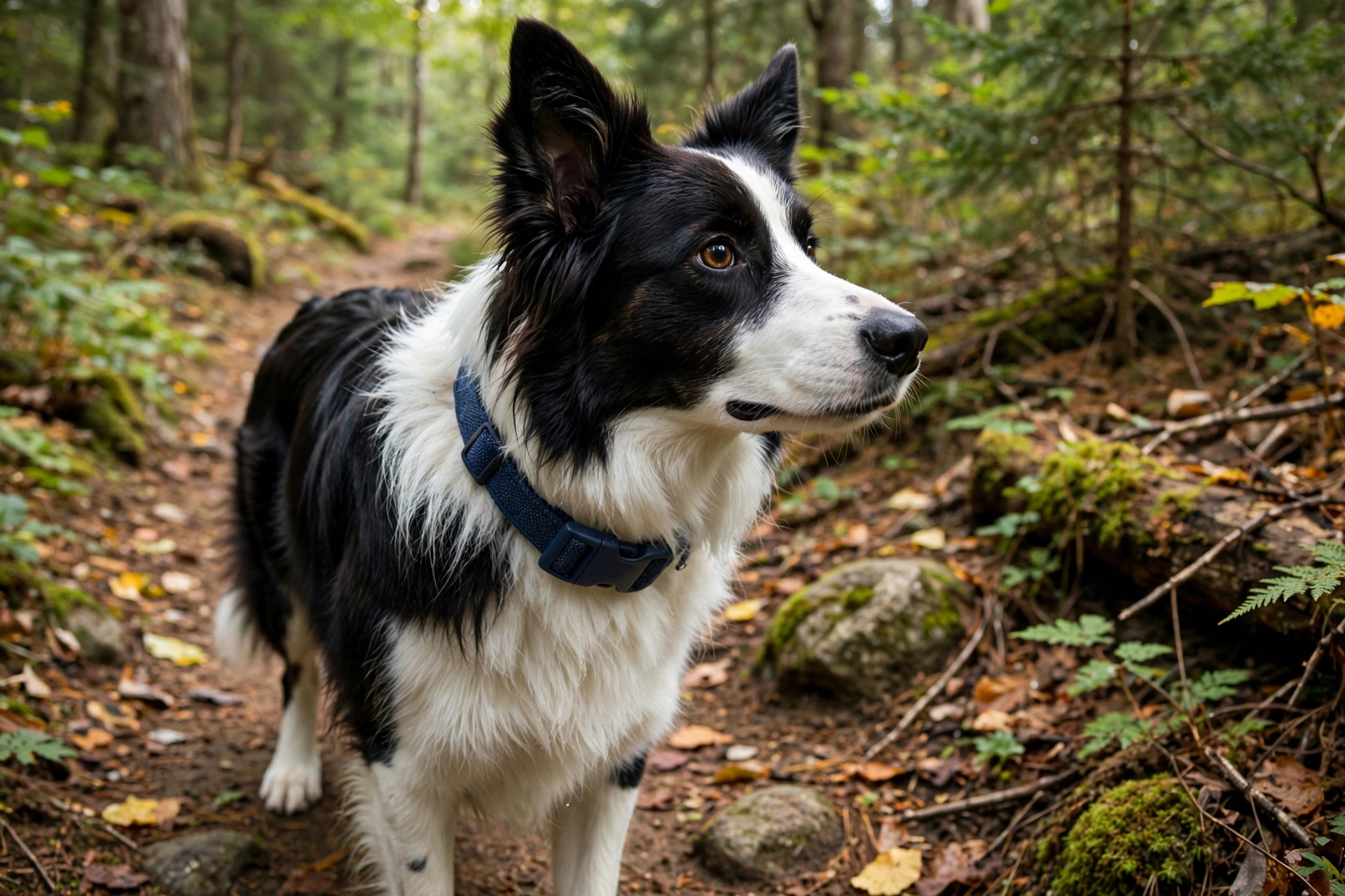 Border Collie wearing a recycled ocean plastic collar on a forest trail
