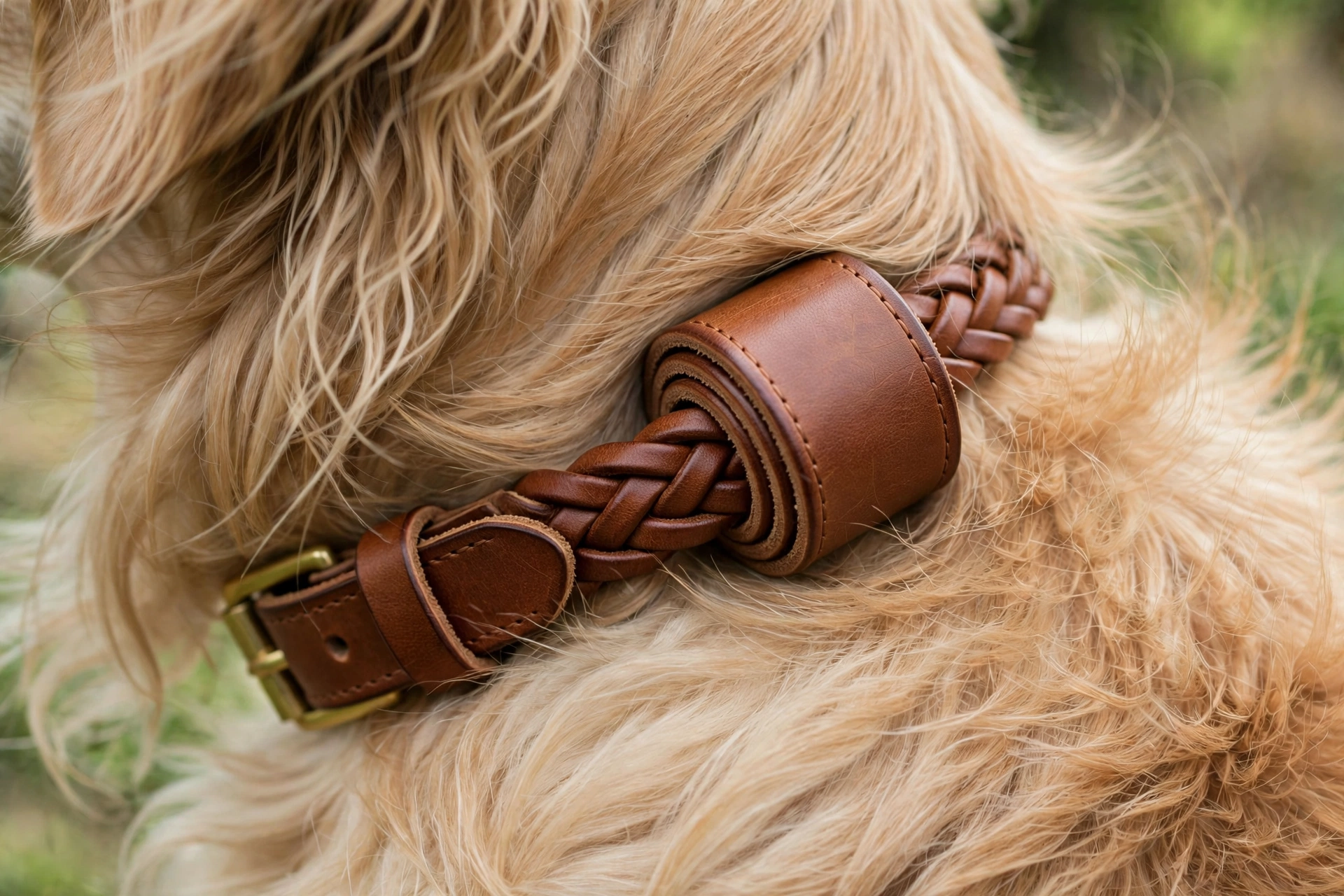 Close-up of rolled leather collar on long fur showing no matting