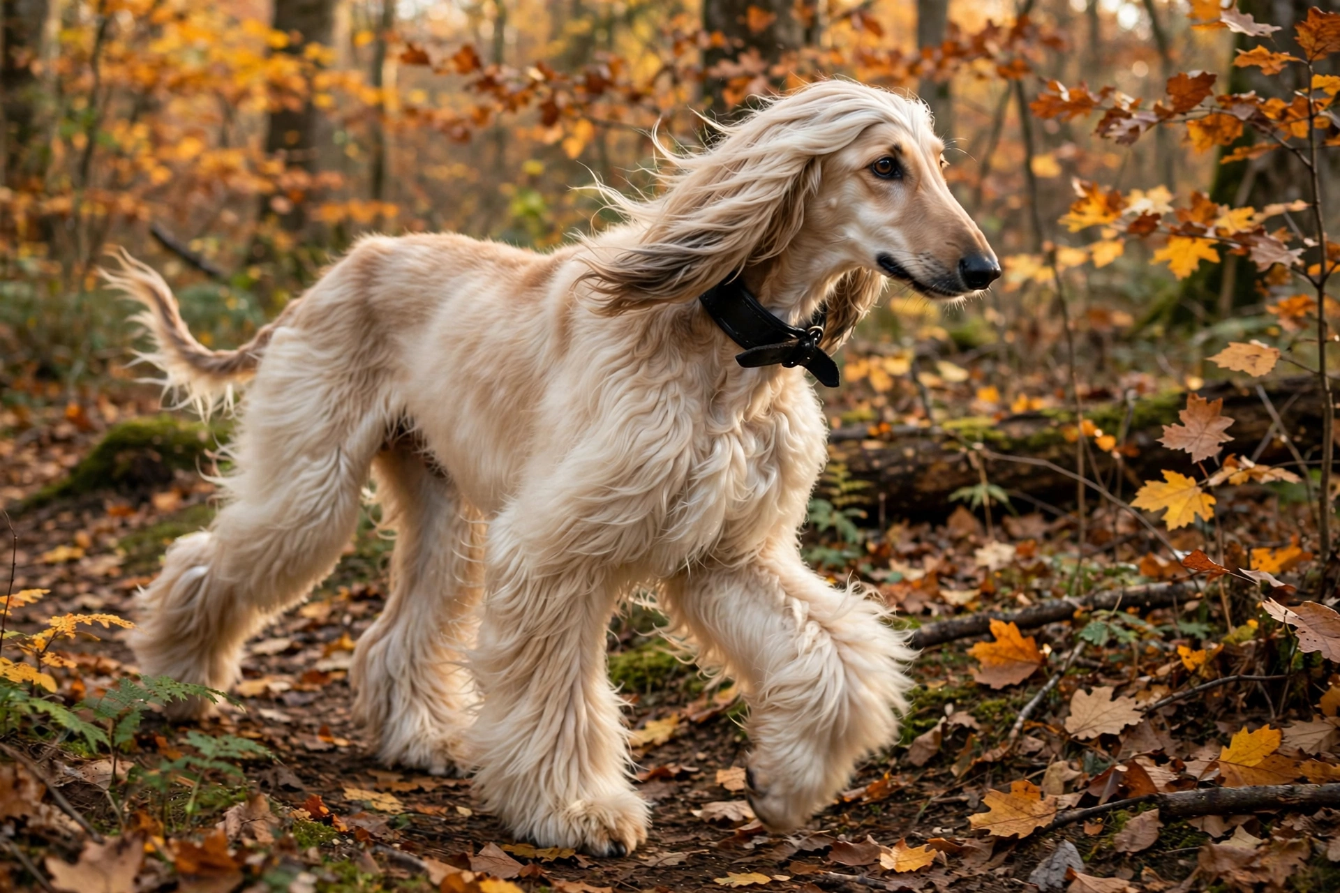Afghan Hound wearing a black rolled leather collar in autumn forest