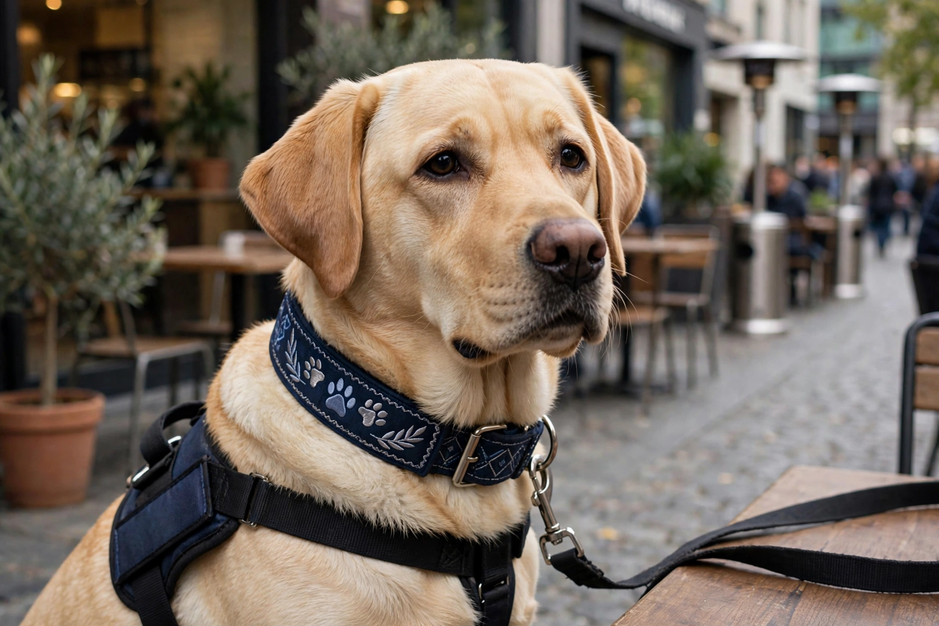 Service dog wearing an embroidered identification collar working calmly in public
