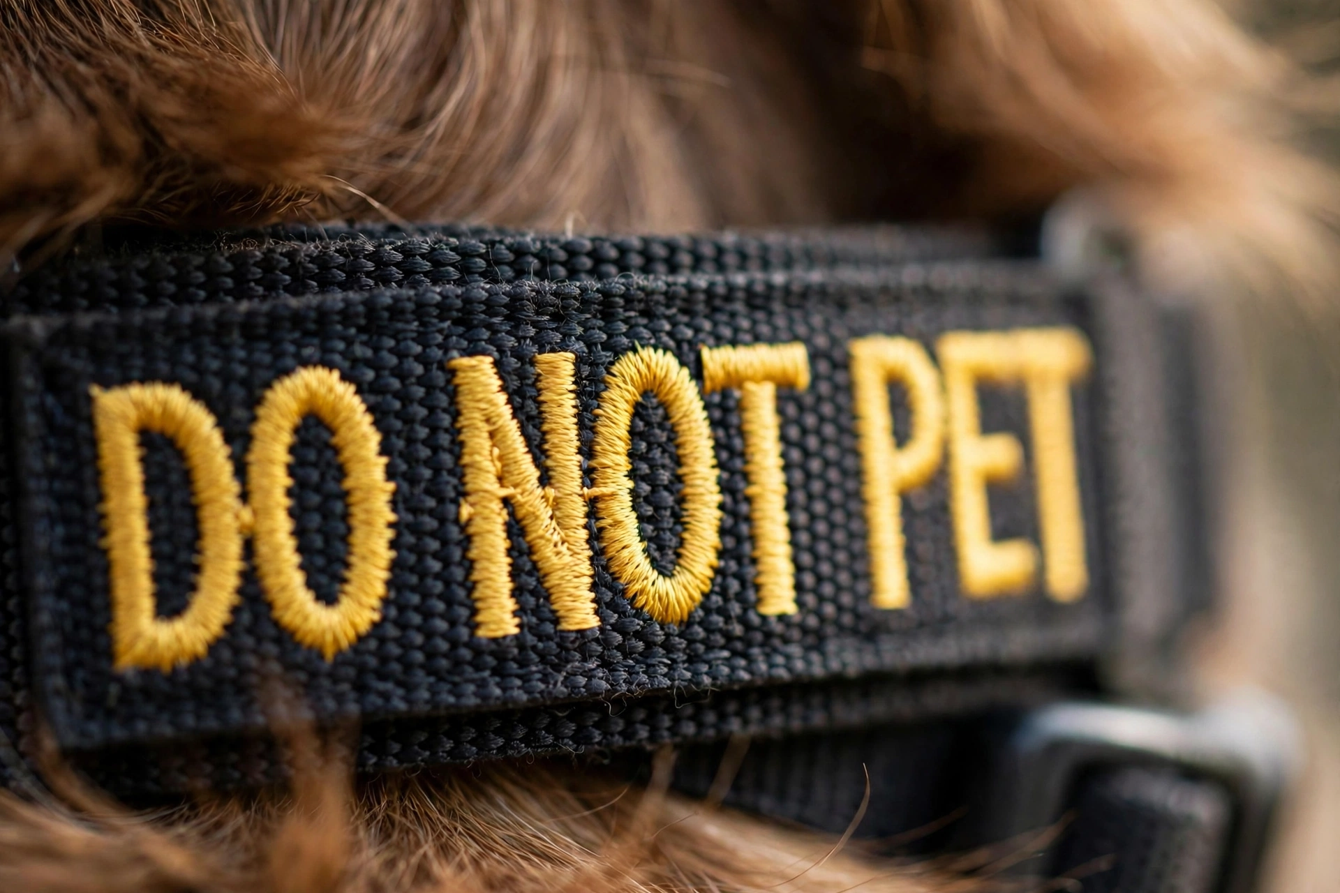 Close-up of embroidered DO NOT PET lettering on a service dog collar