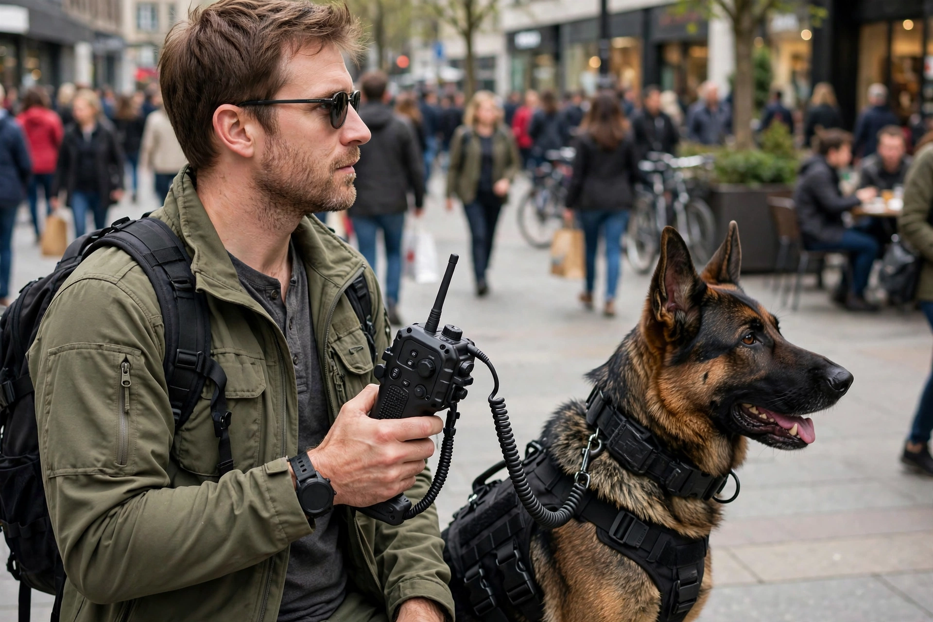 Service dog handler holding a tactical collar's control handle in a crowded public space