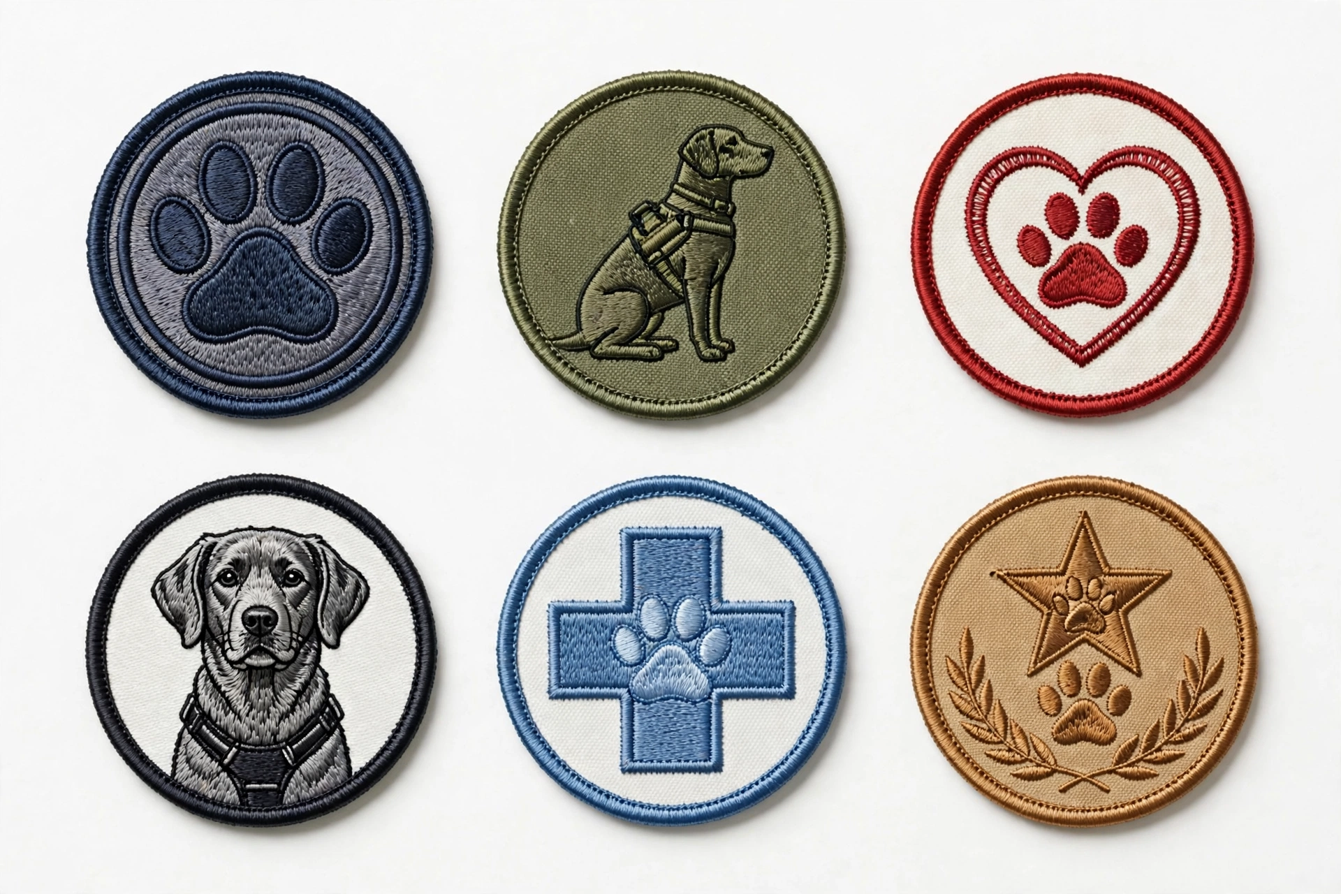 Mabor set of six embroidered service dog patches for vests and collars, editorial product photo