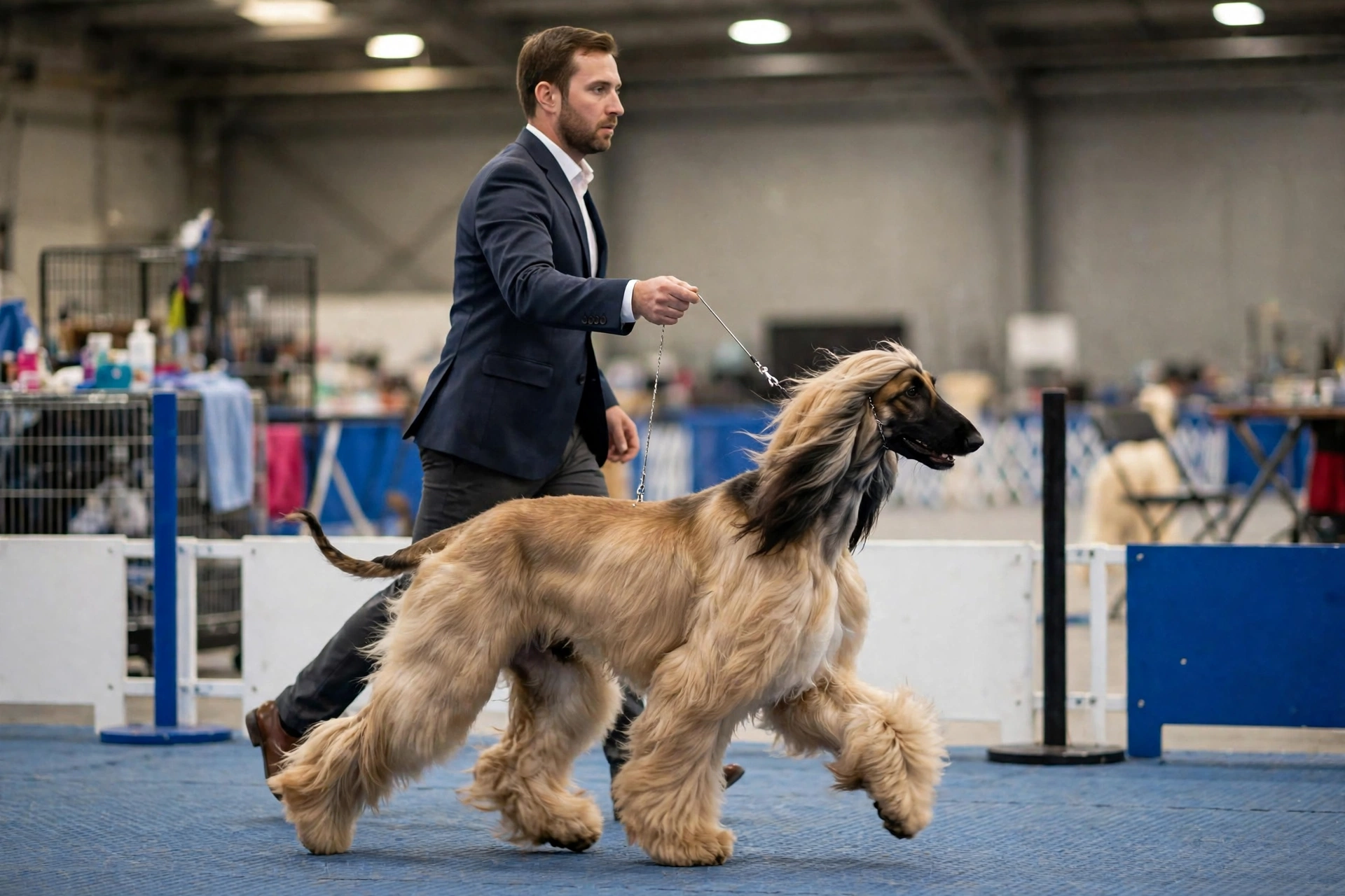 Handler gaiting an Afghan Hound in the conformation ring on a fine show lead
