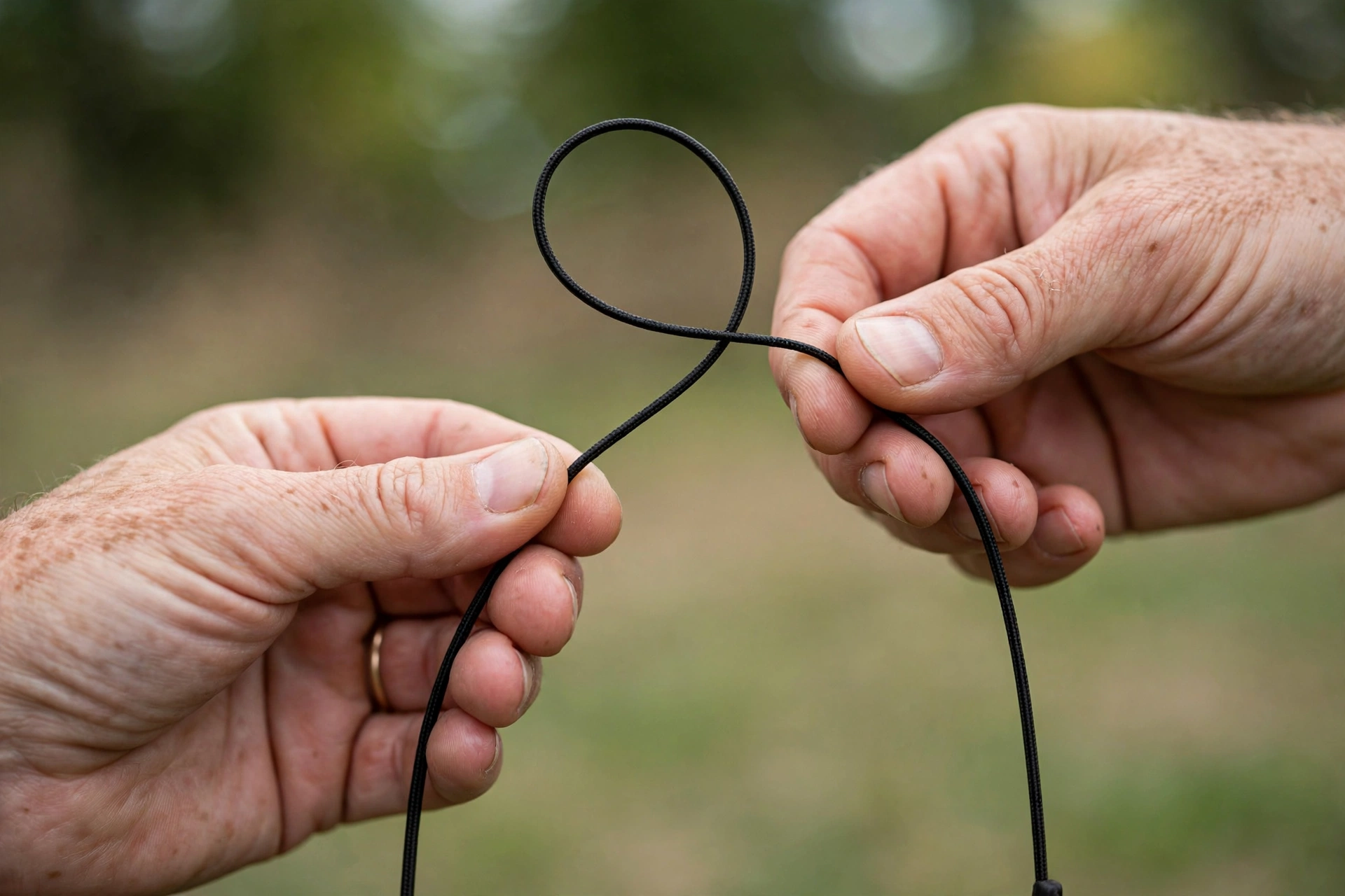 Close-up of a handler's hands holding a fine show lead looped correctly