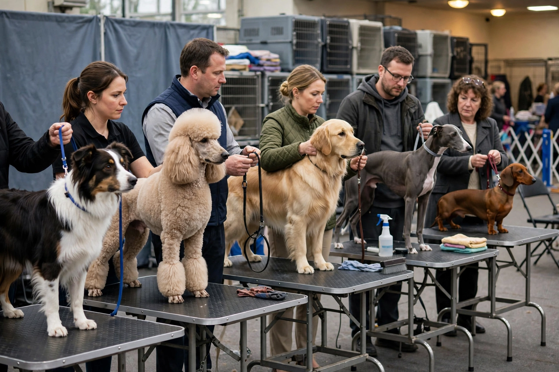 Row of show dogs stacked for examination with handlers holding show leads
