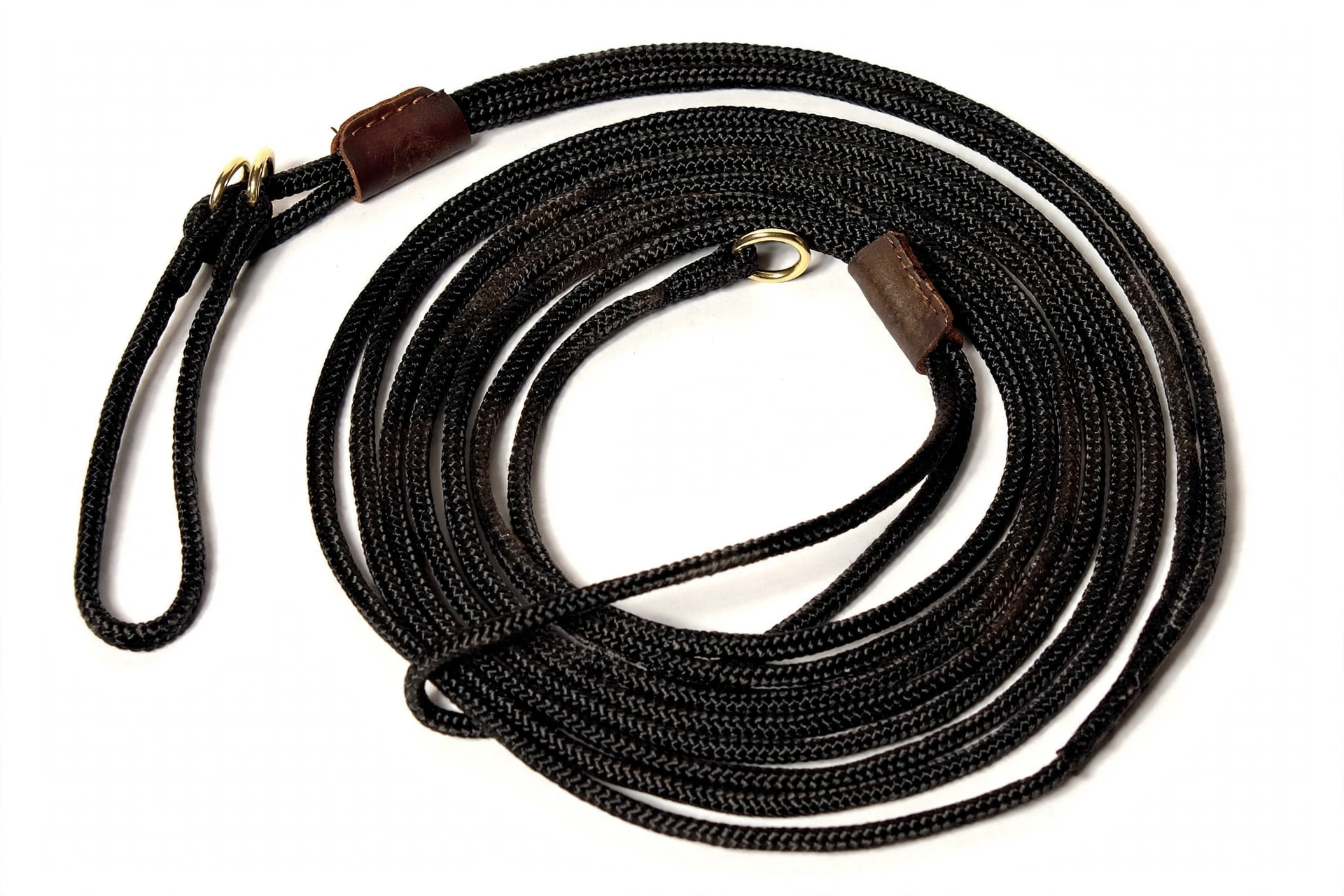 Mendota black show martingale slip lead with leather slide, editorial product photo