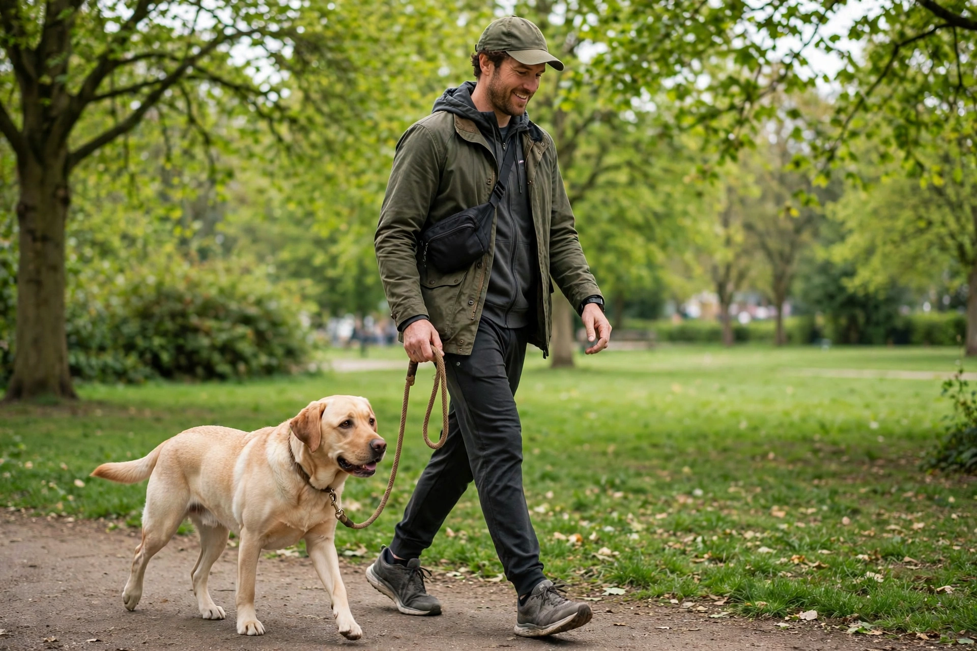 Trainer walking a Labrador on a rope slip lead in a park, demonstrating loose-leash heel position