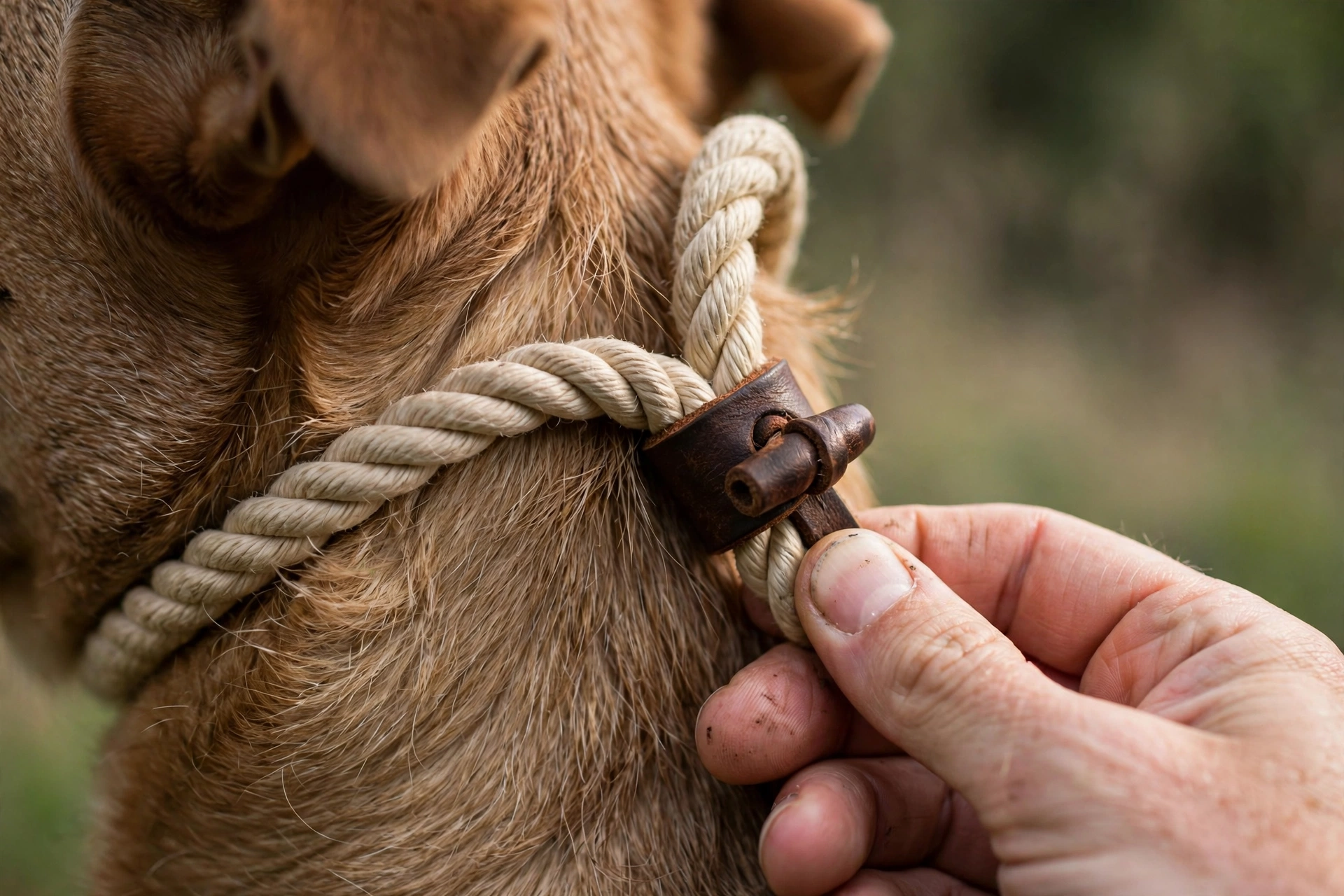 Close-up of a rope slip lead positioned high on a dog's neck behind the ears, trainer's hand visible
