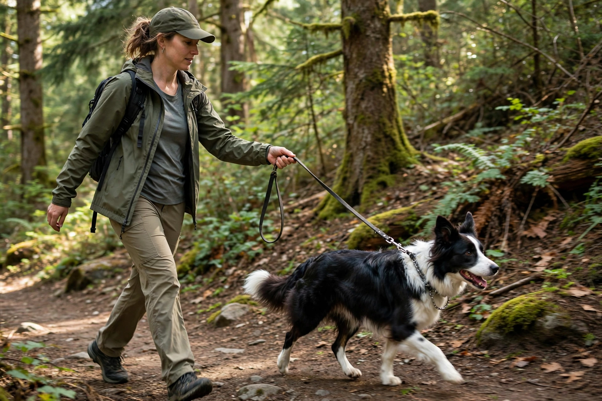 Dog trainer demonstrating slip lead loose-leash walking with a border collie on a trail