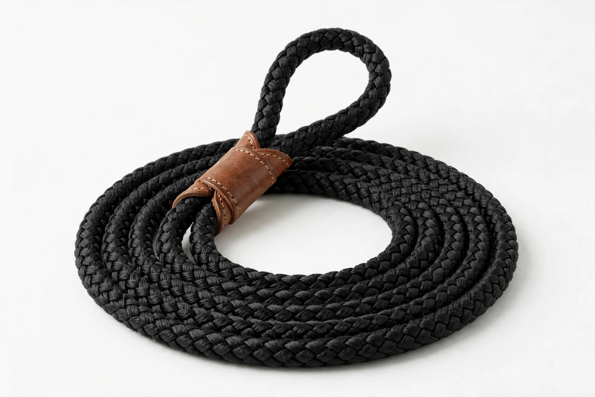 Mendota black rope slip lead with leather splice, coiled on white background, editorial product photo
