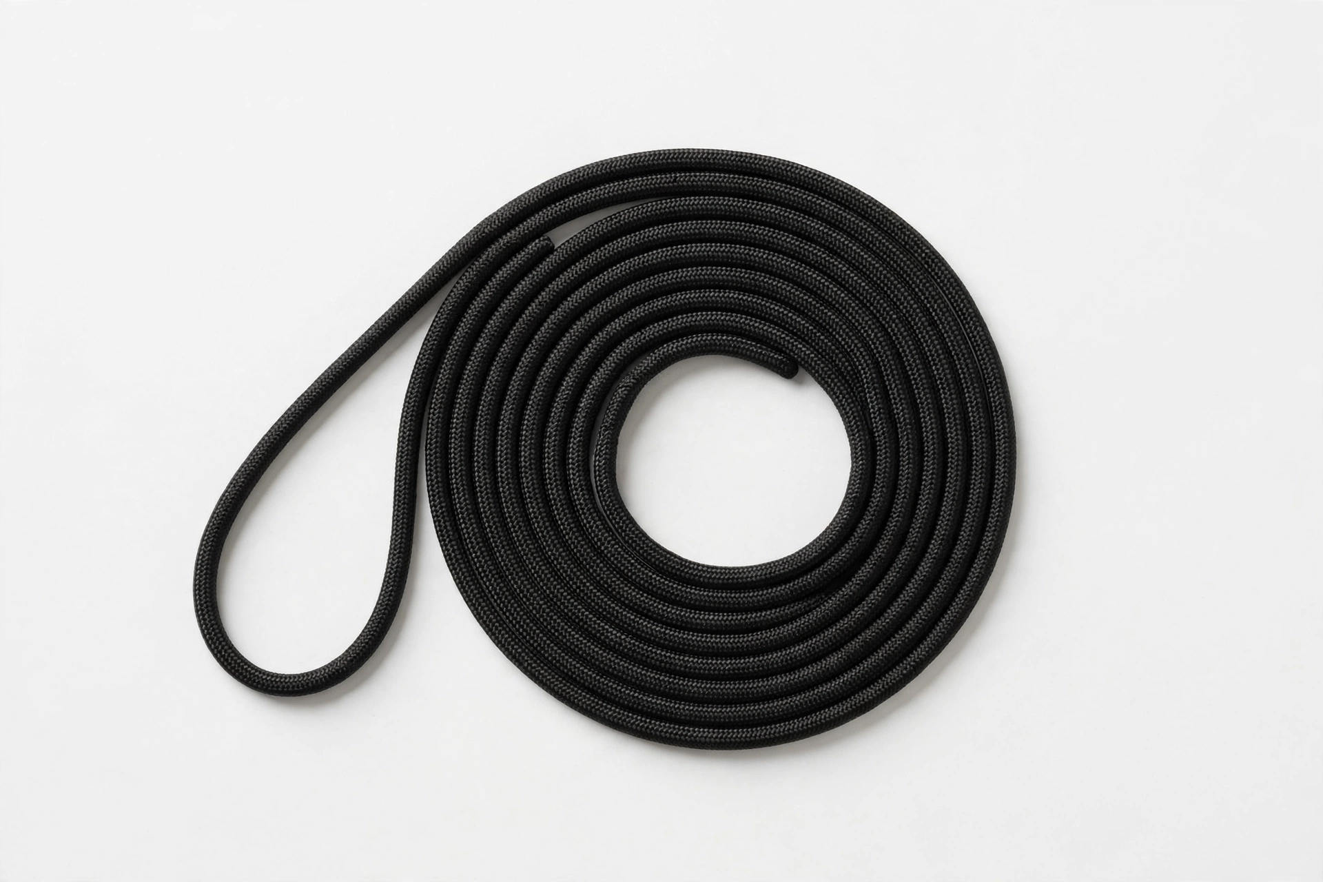 Fine black Mendota show slip leash coiled neatly, editorial product photo on white background