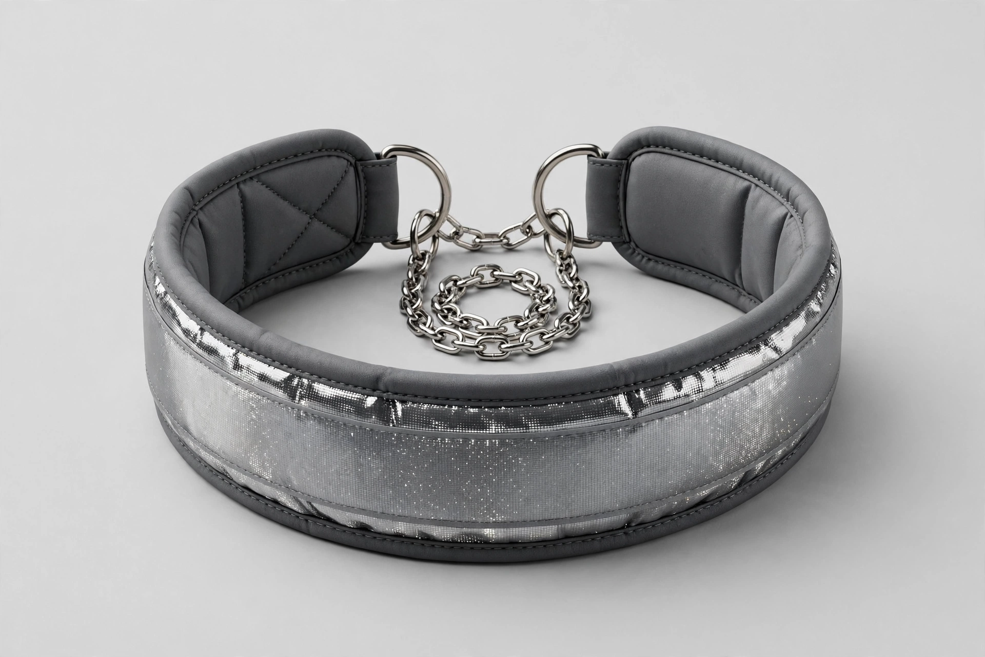 Reflective padded martingale slip collar with steel chain loop, editorial product photo