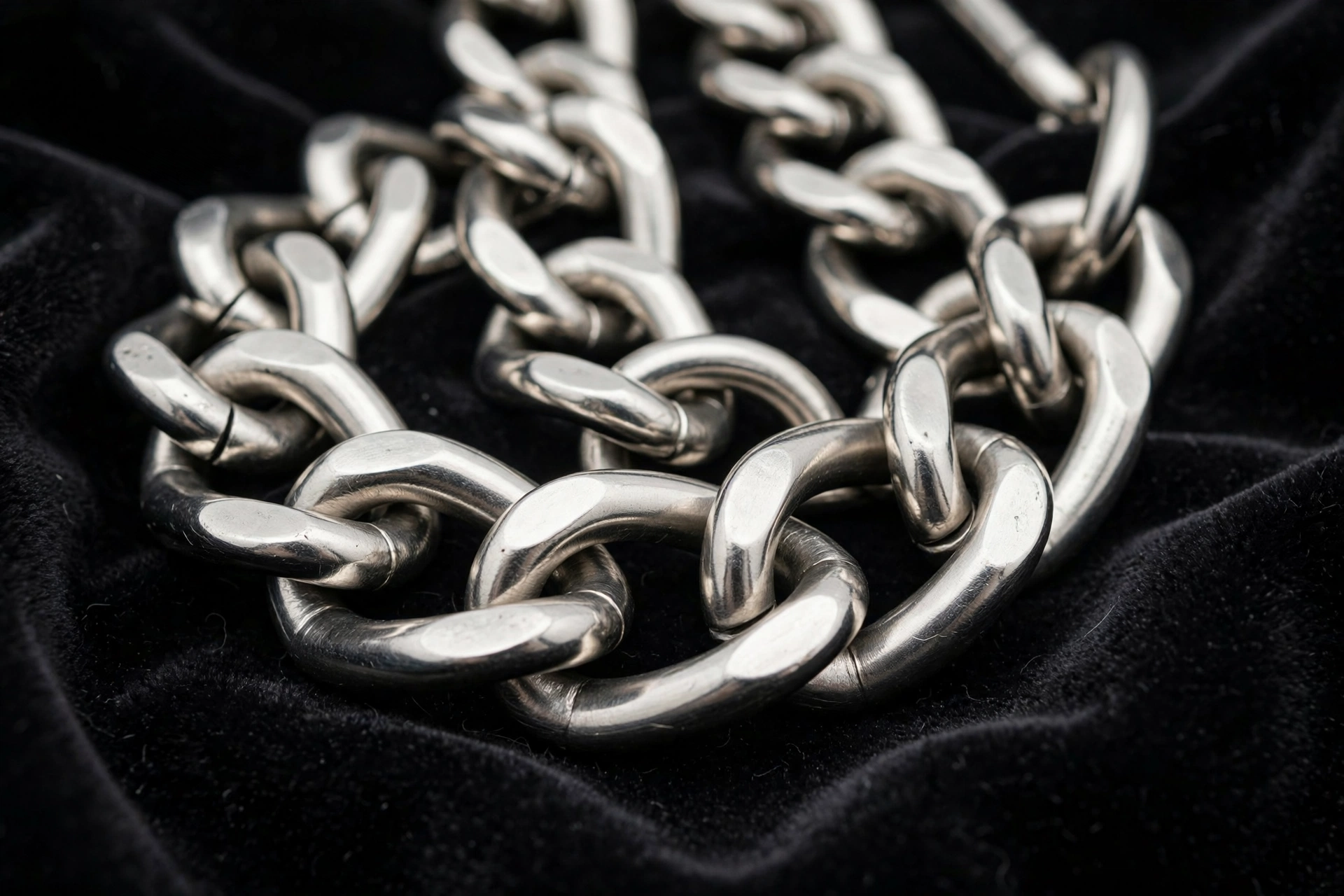 Close-up of polished stainless steel chain collar links