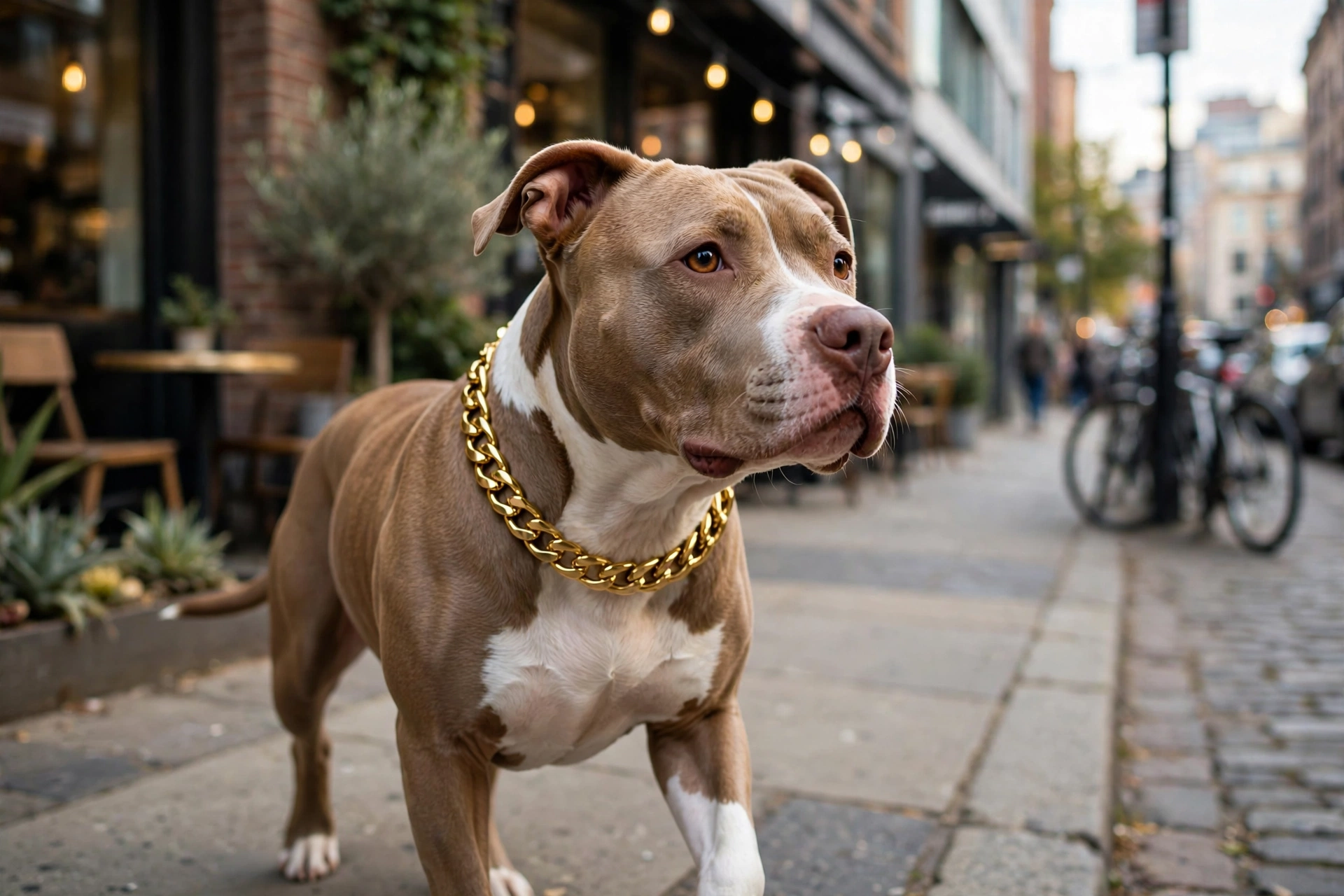 Pit Bull wearing a gold chain collar in an urban setting