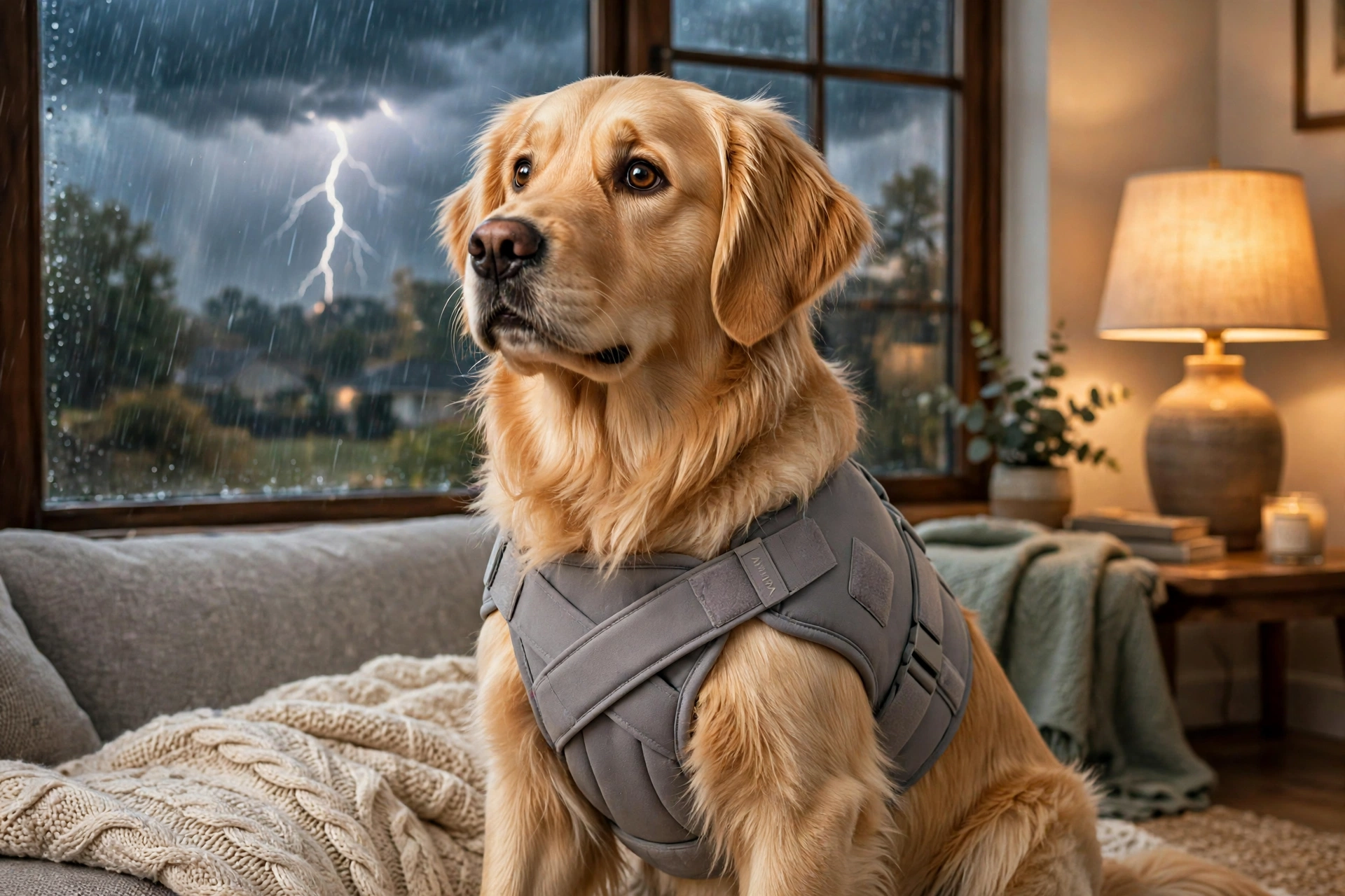 Anxious golden retriever wearing a gray pressure anxiety wrap during a thunderstorm