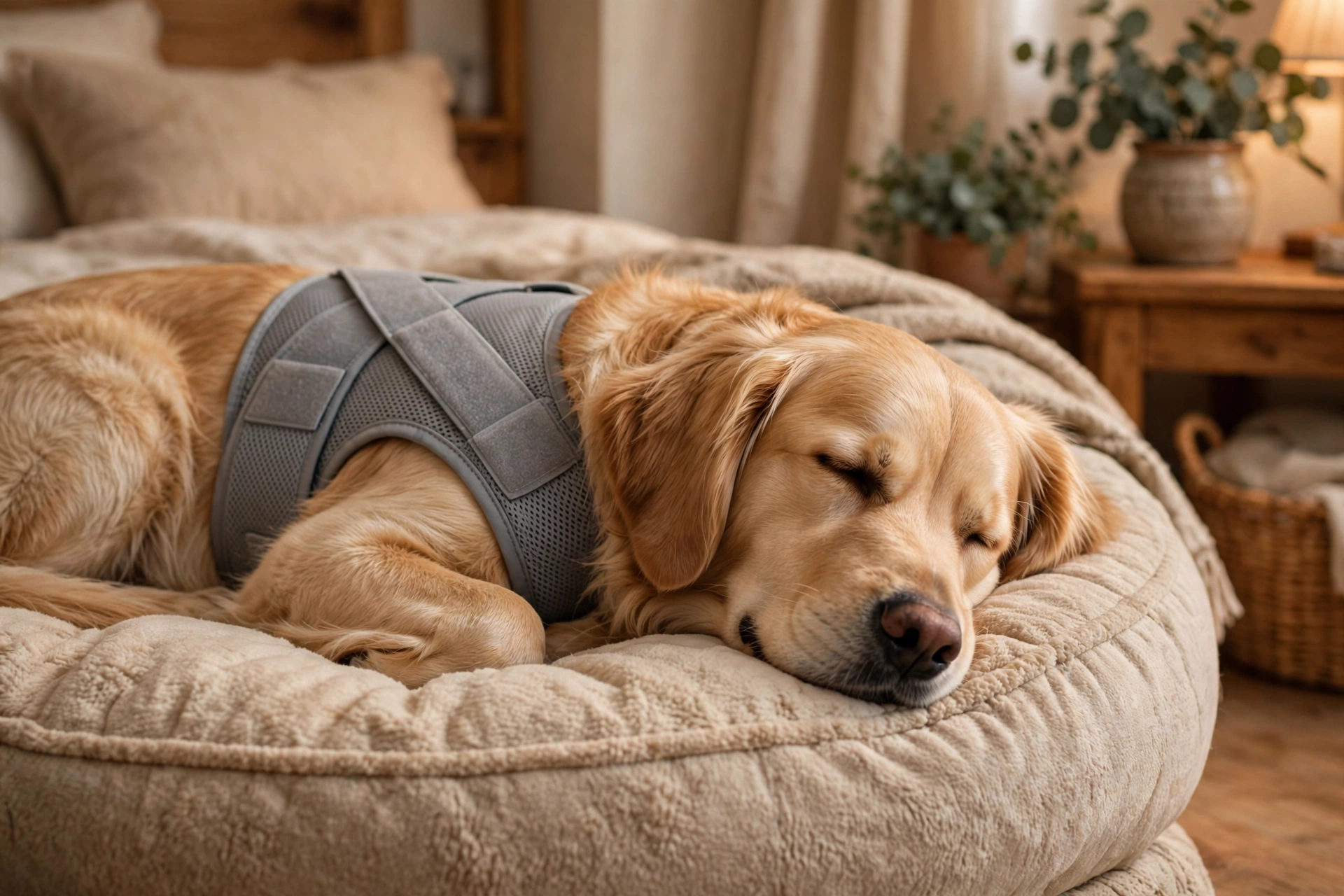 Dog sleeping peacefully wearing a breathable anxiety wrap