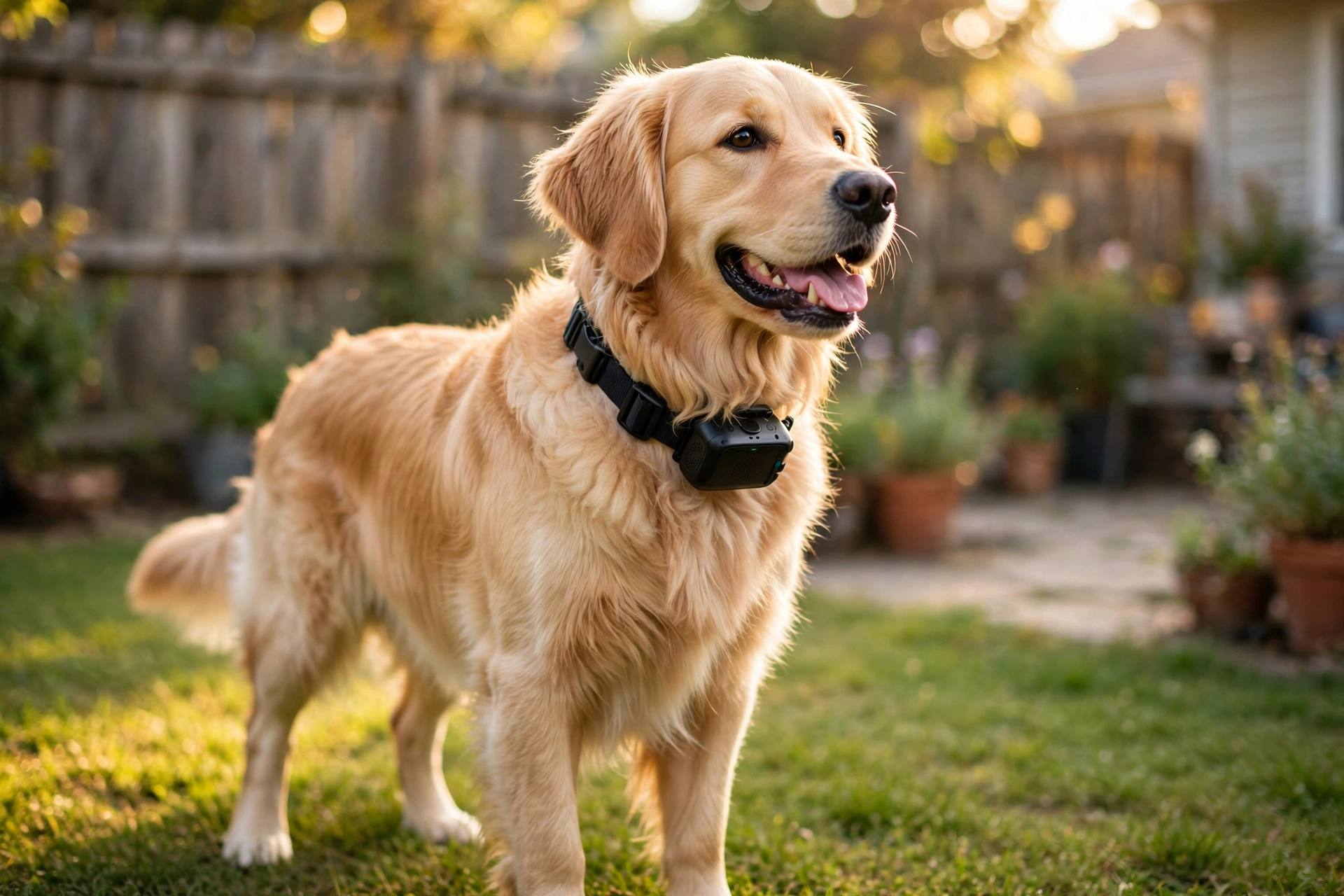 Dog wearing an ultrasonic bark collar in a living room