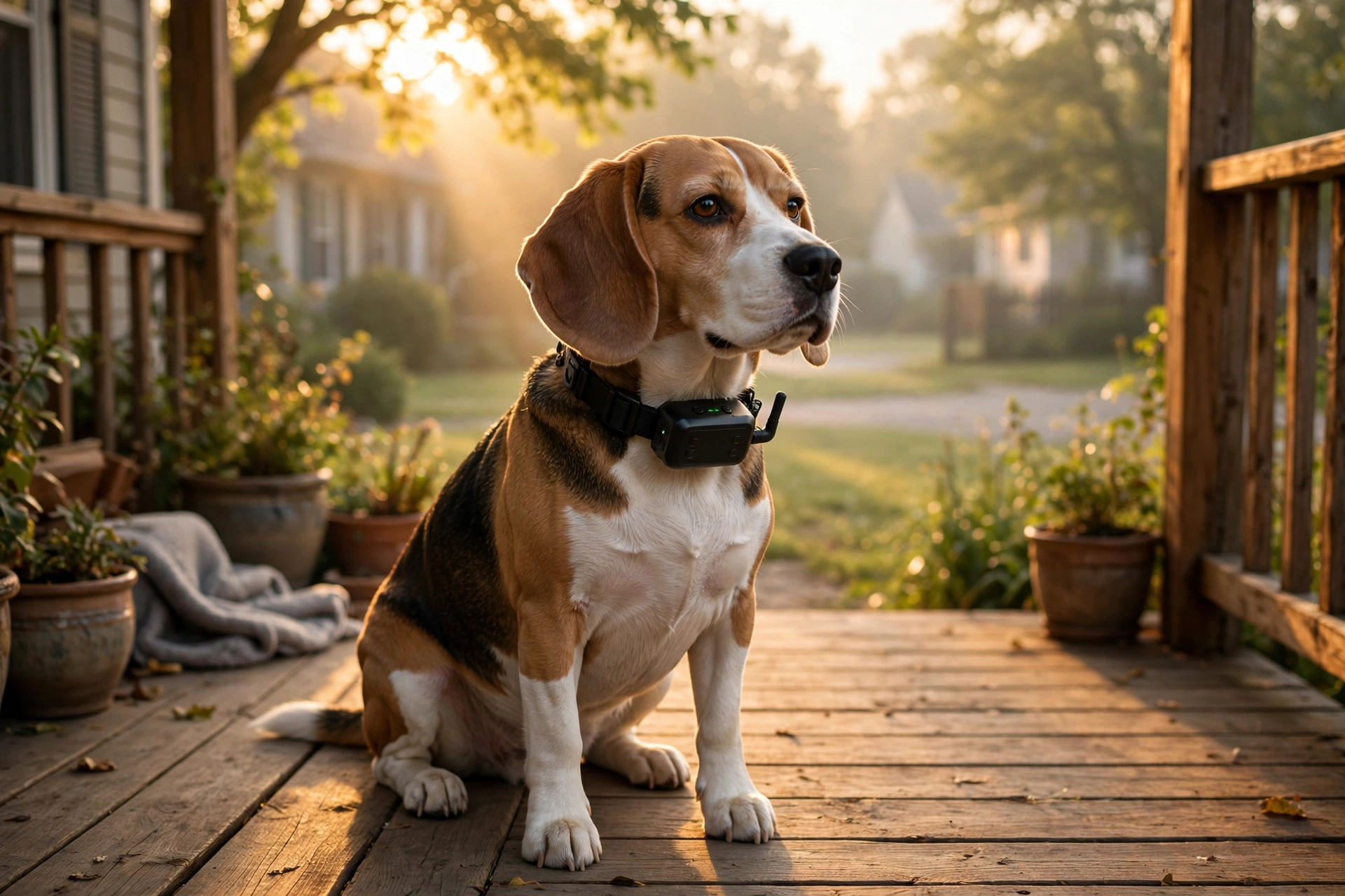 Owner using a handheld ultrasonic device to train a barking dog outdoors