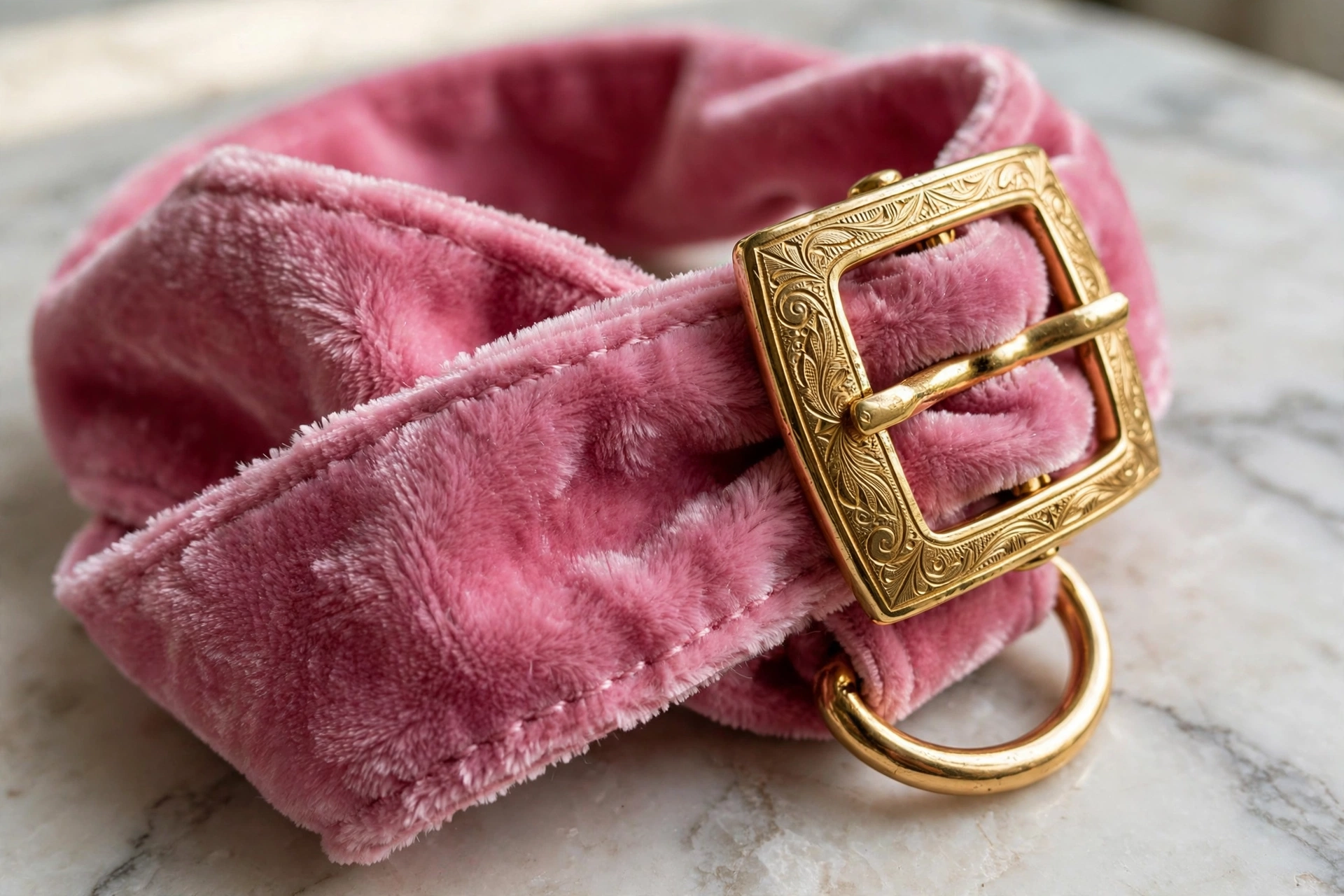 Close-up of plush velvet collar fabric with gold buckle